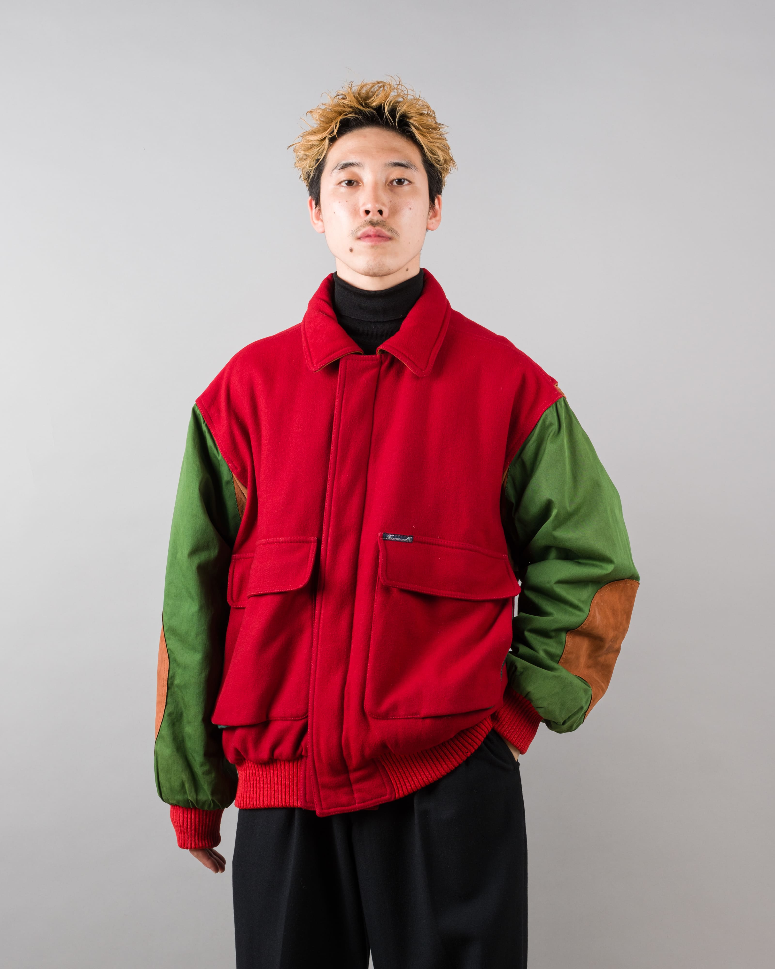 【~80’s】Vintage Façonnable Mixed Wool Crazy Pattern Blouson With Chin Strap Size.L