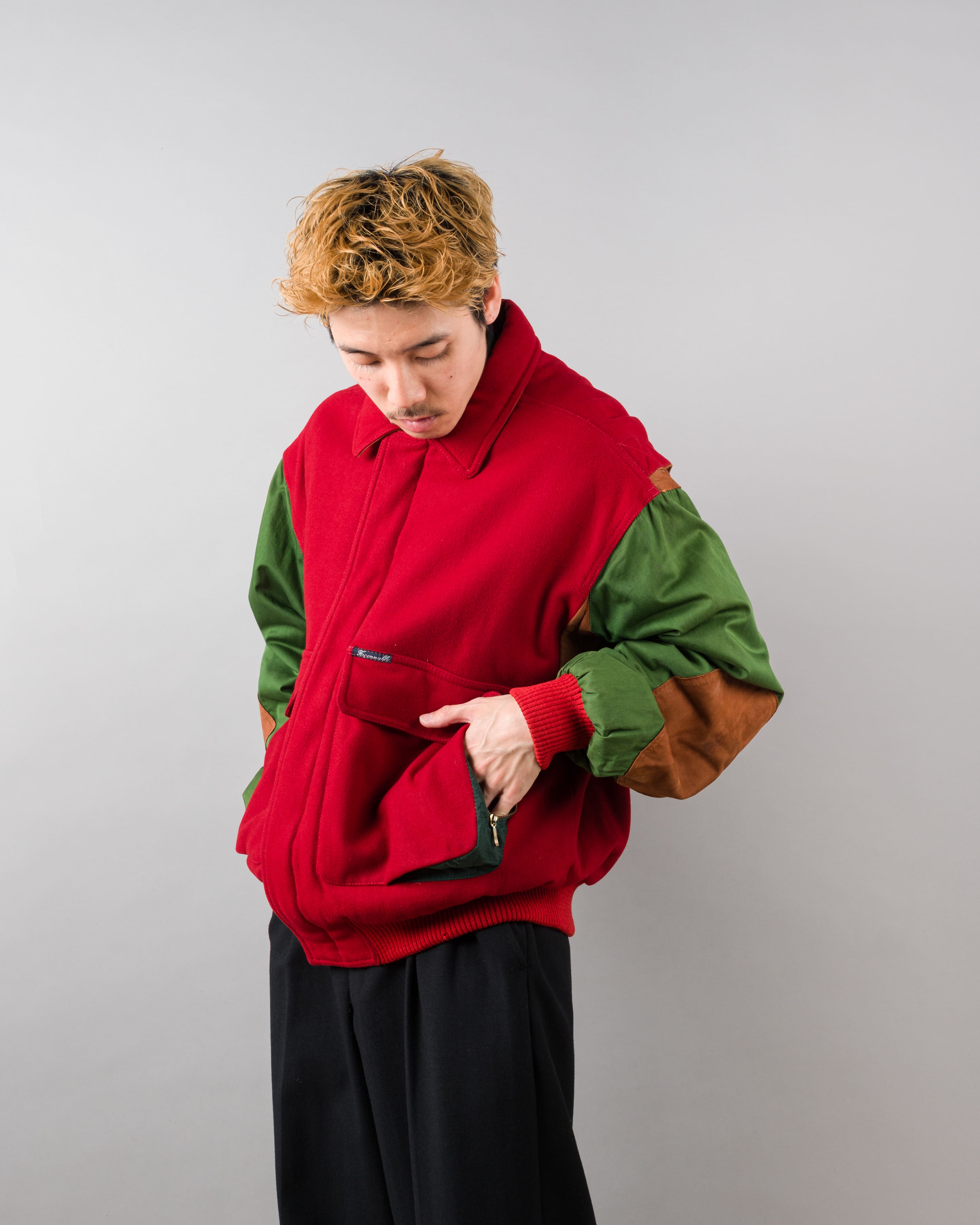 【~80’s】Vintage Façonnable Mixed Wool Crazy Pattern Blouson With Chin Strap Size.L