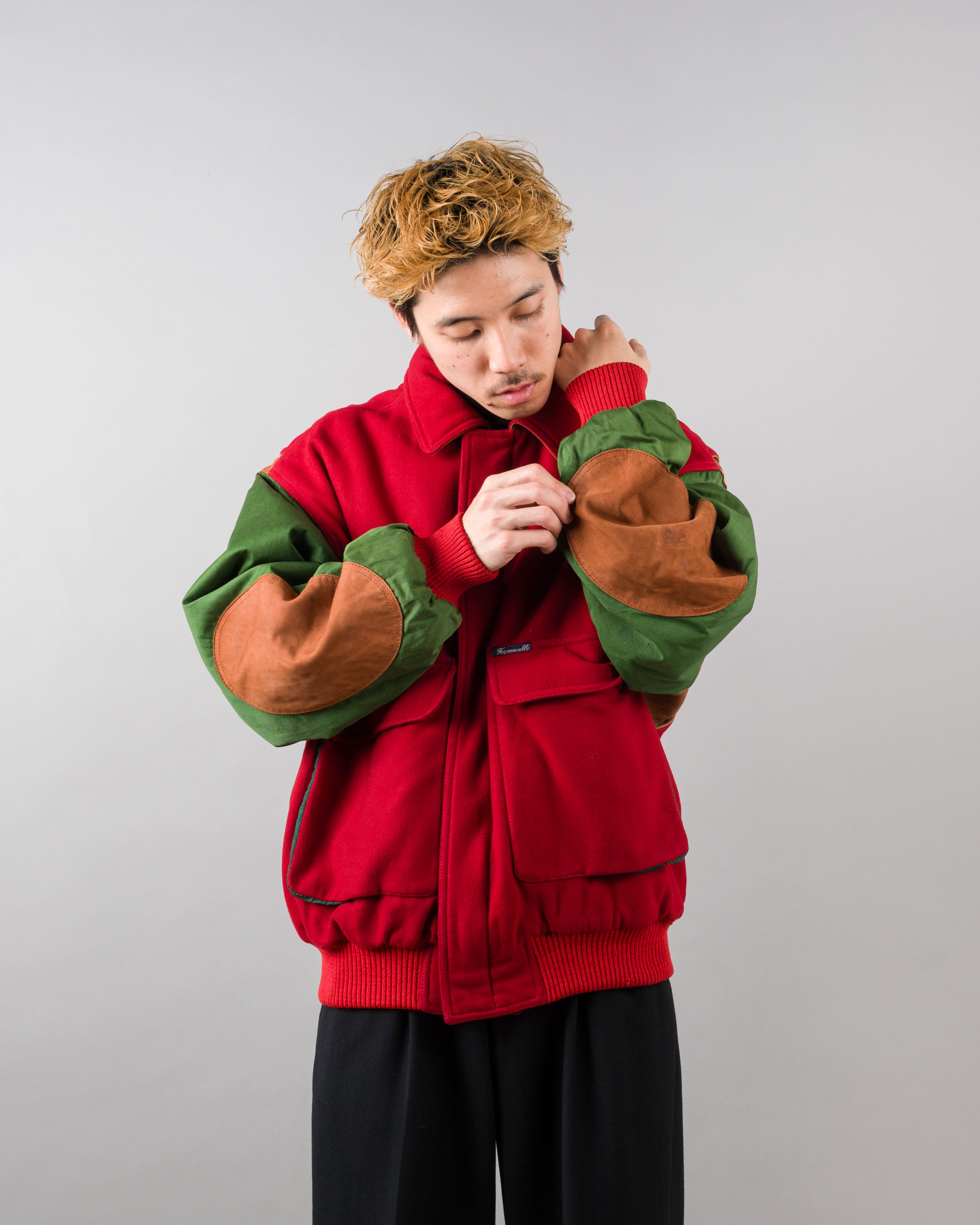 【~80’s】Vintage Façonnable Mixed Wool Crazy Pattern Blouson With Chin Strap Size.L