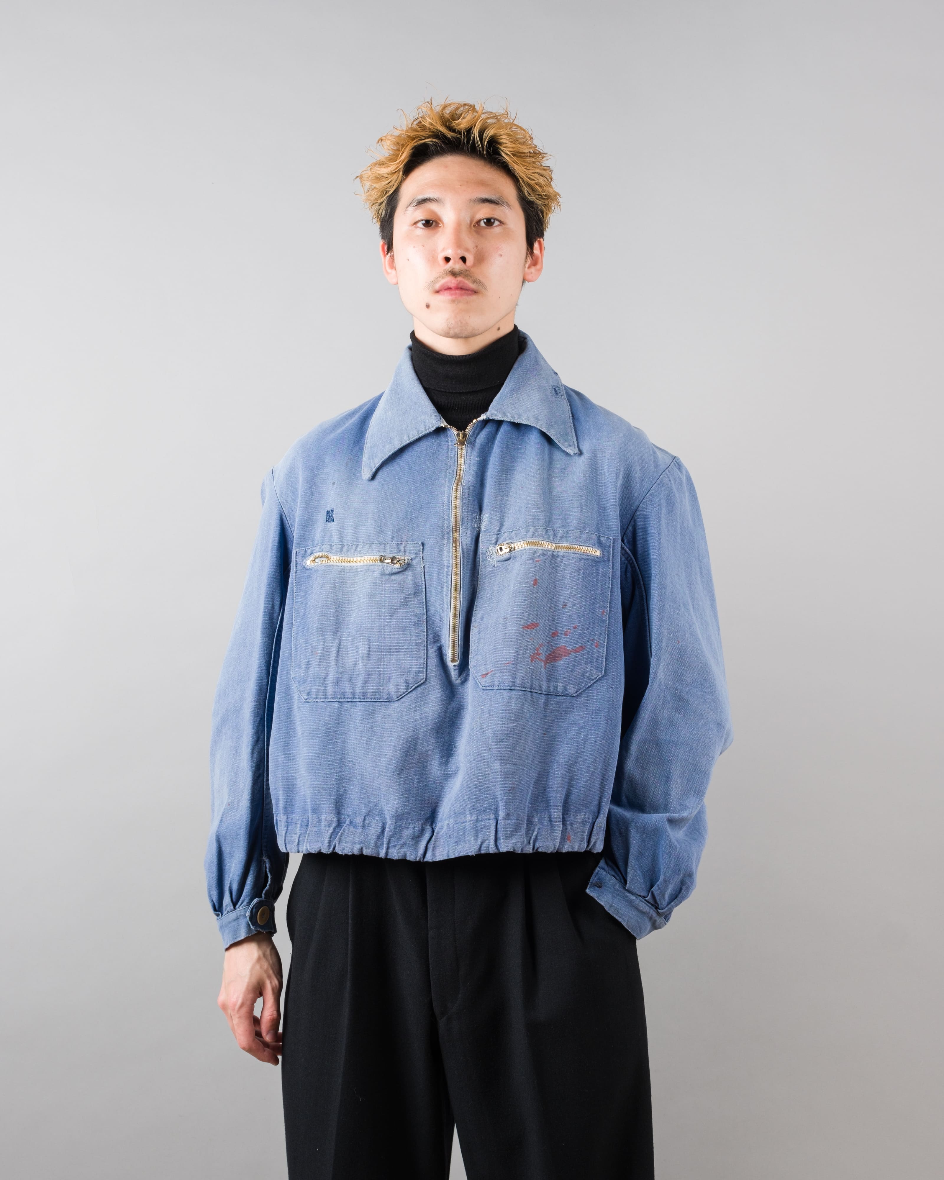 【~40's】French Vintage Blue Metis Half Zip Pullover Work Short Jacket