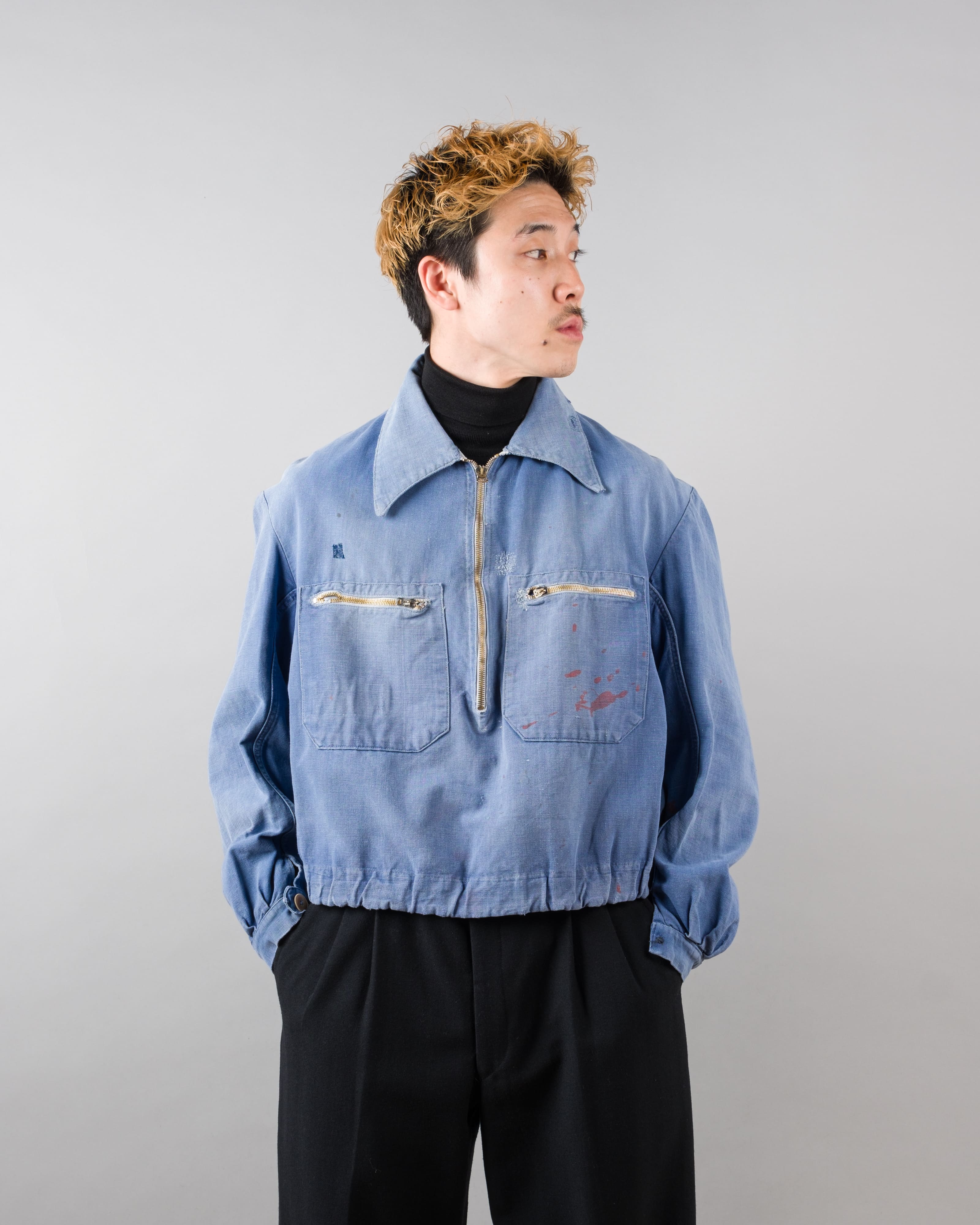 【~40's】French Vintage Blue Metis Half Zip Pullover Work Short Jacket
