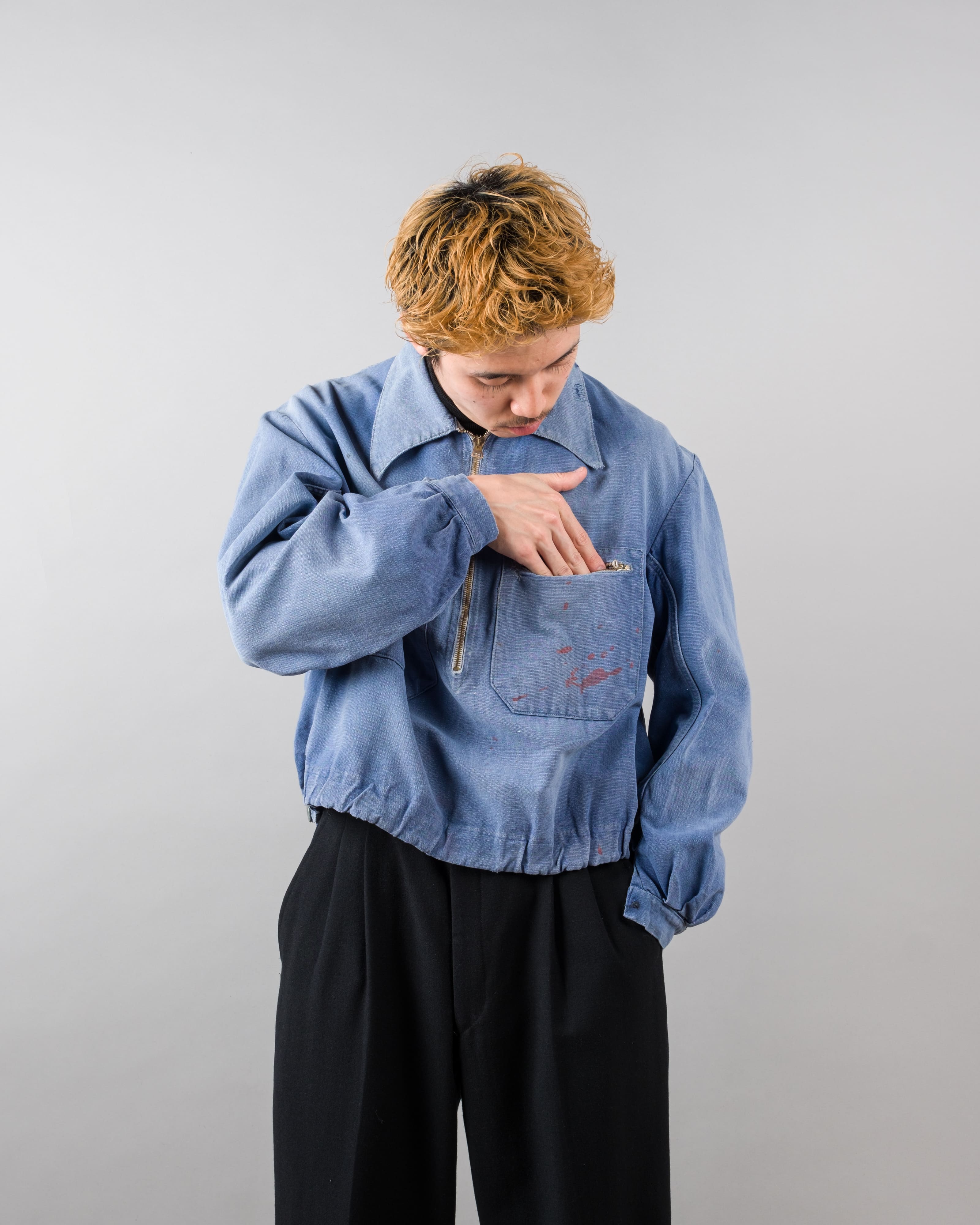 【~40's】French Vintage Blue Metis Half Zip Pullover Work Short Jacket