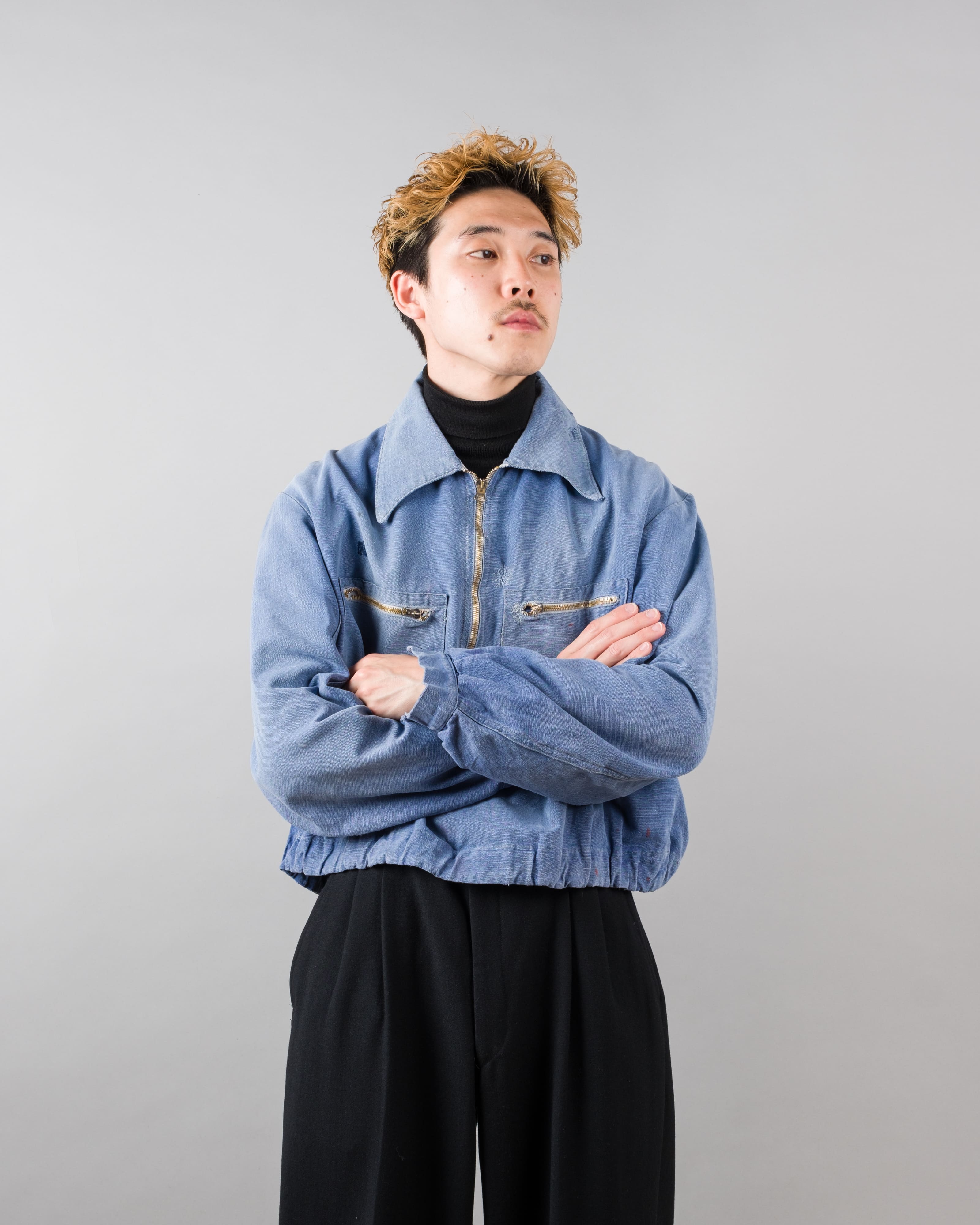 【~40's】French Vintage Blue Metis Half Zip Pullover Work Short Jacket