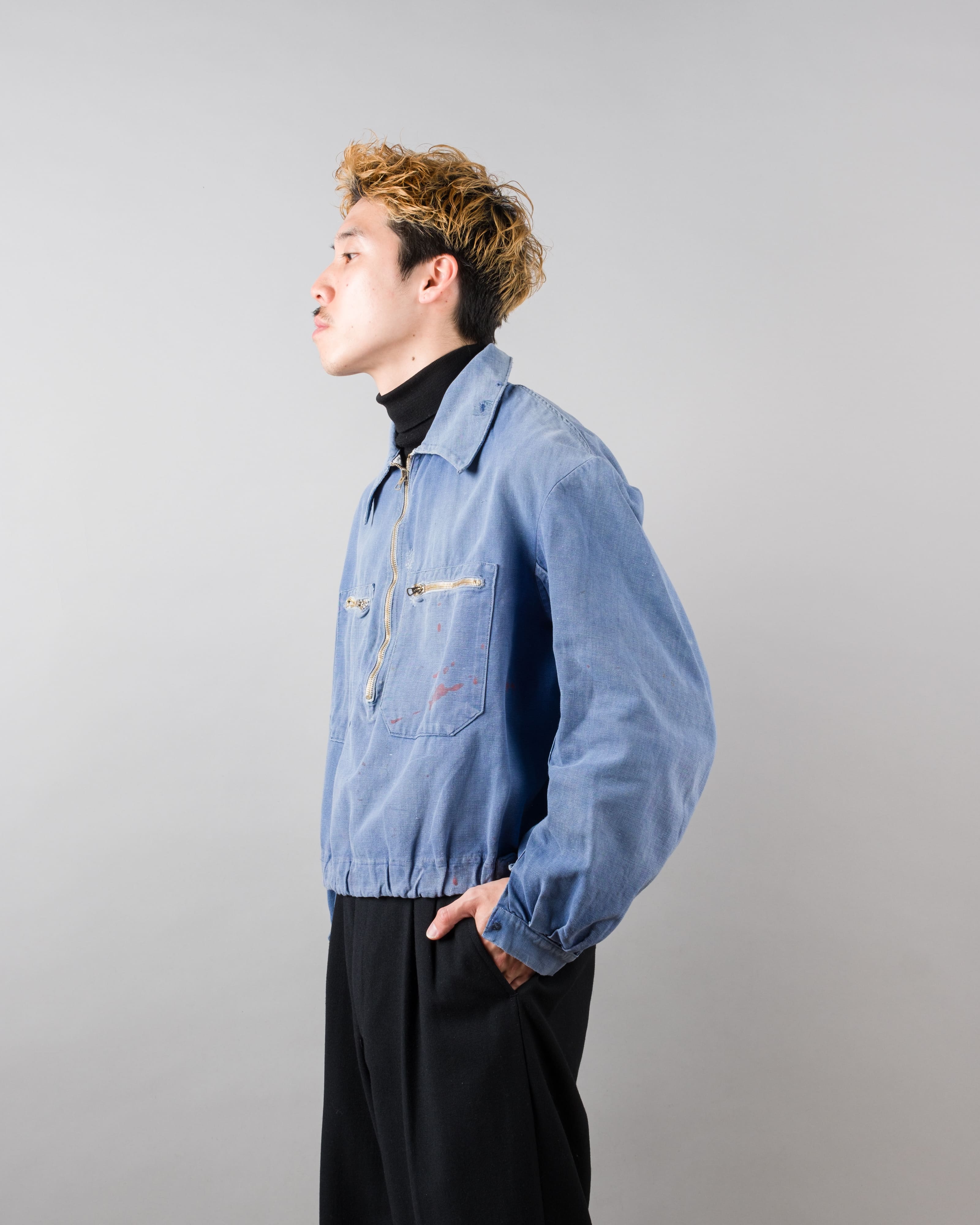 【~40's】French Vintage Blue Metis Half Zip Pullover Work Short Jacket