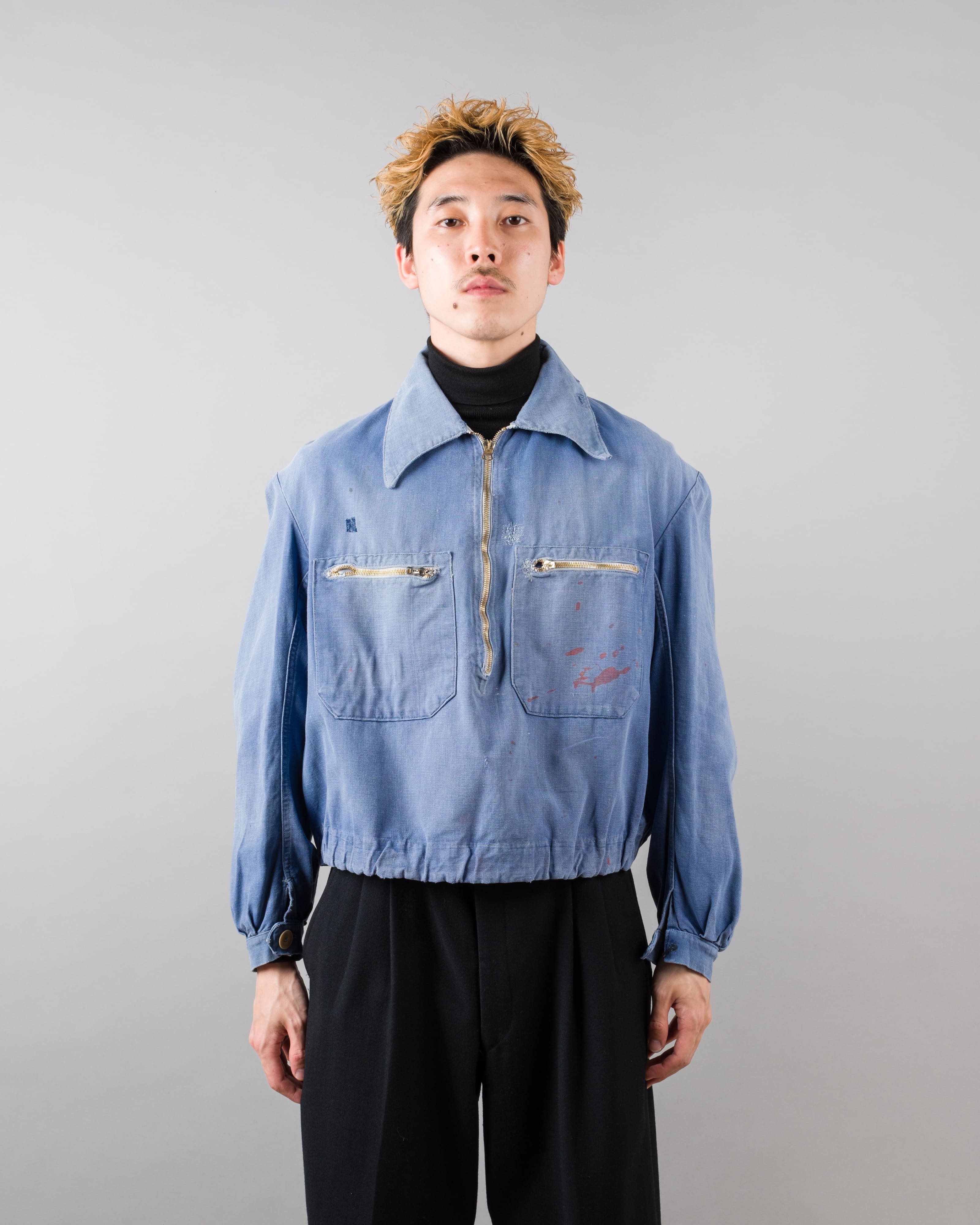【~40's】French Vintage Blue Metis Half Zip Pullover Work Short Jacket