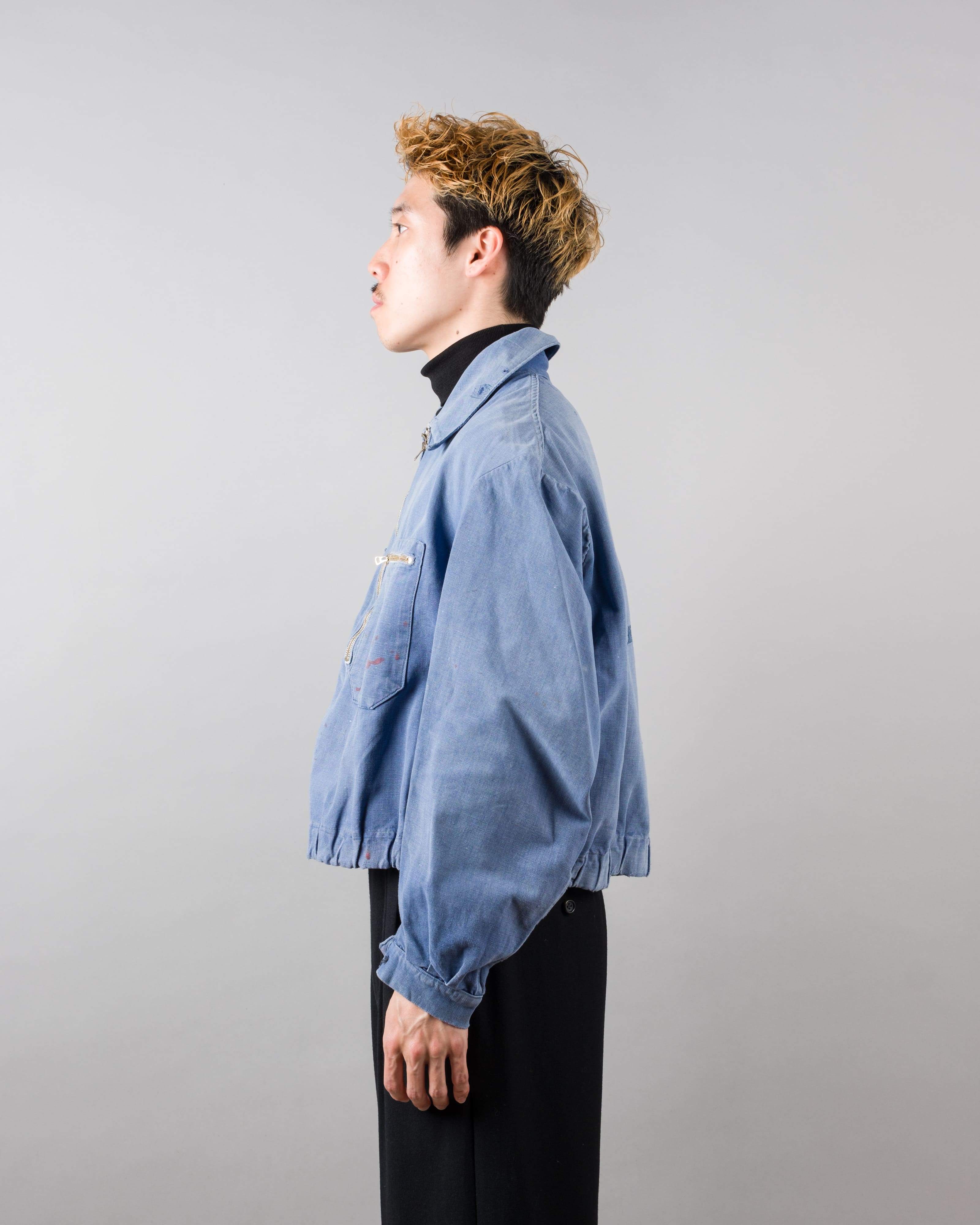 【~40's】French Vintage Blue Metis Half Zip Pullover Work Short Jacket