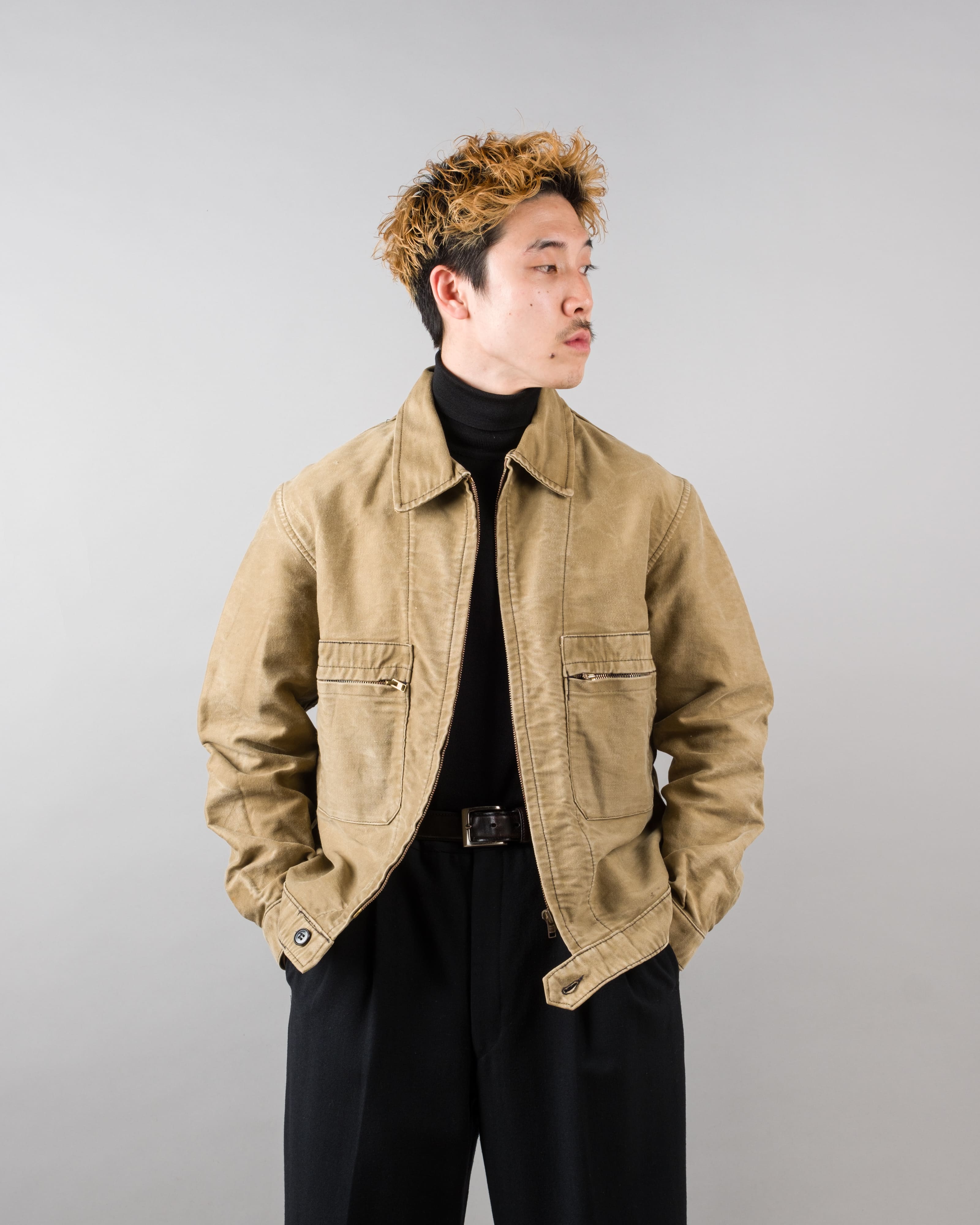 【~50's】French Vintage Brown Beige Moleskin Cyclist Jacket