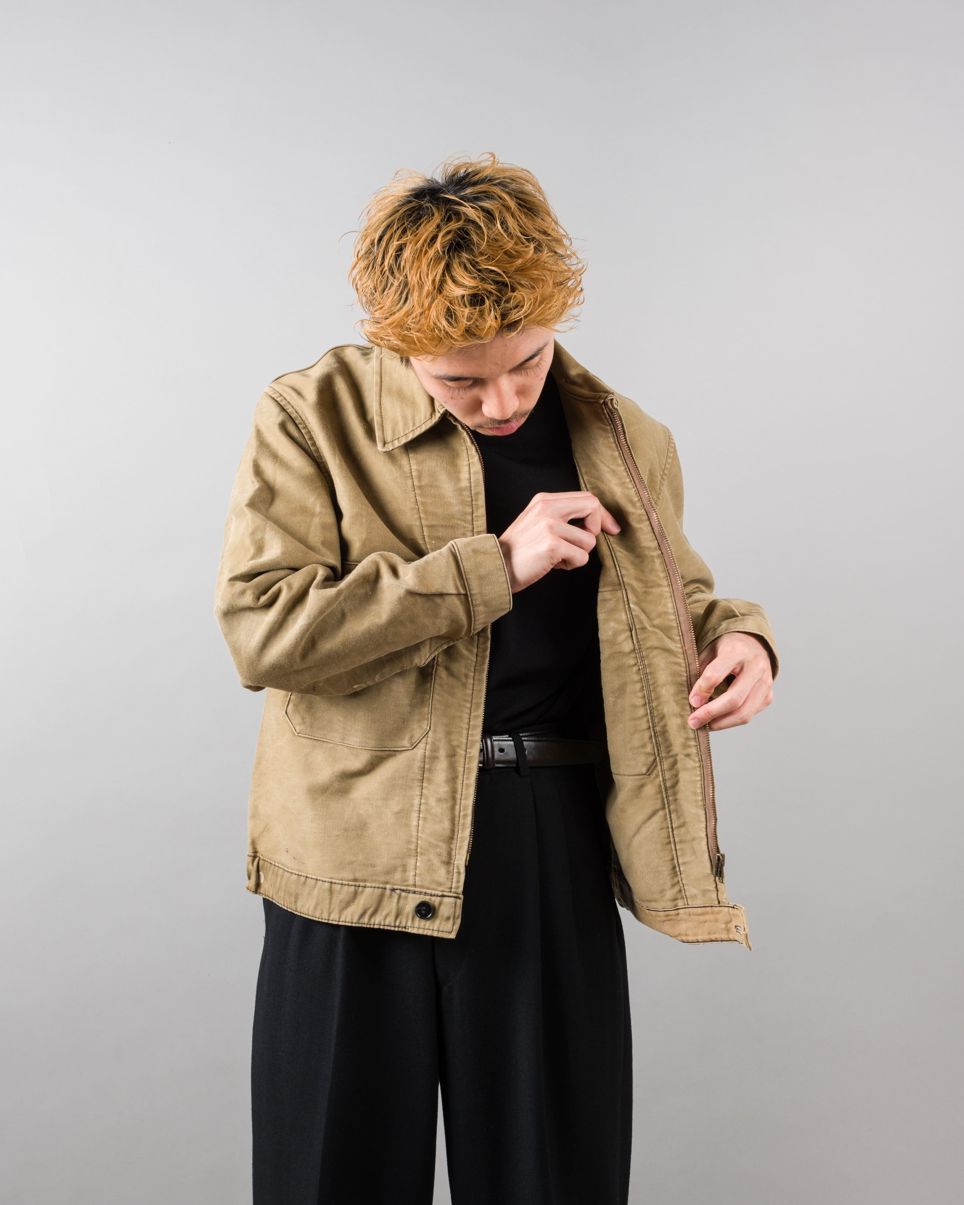 【~50's】French Vintage Brown Beige Moleskin Cyclist Jacket