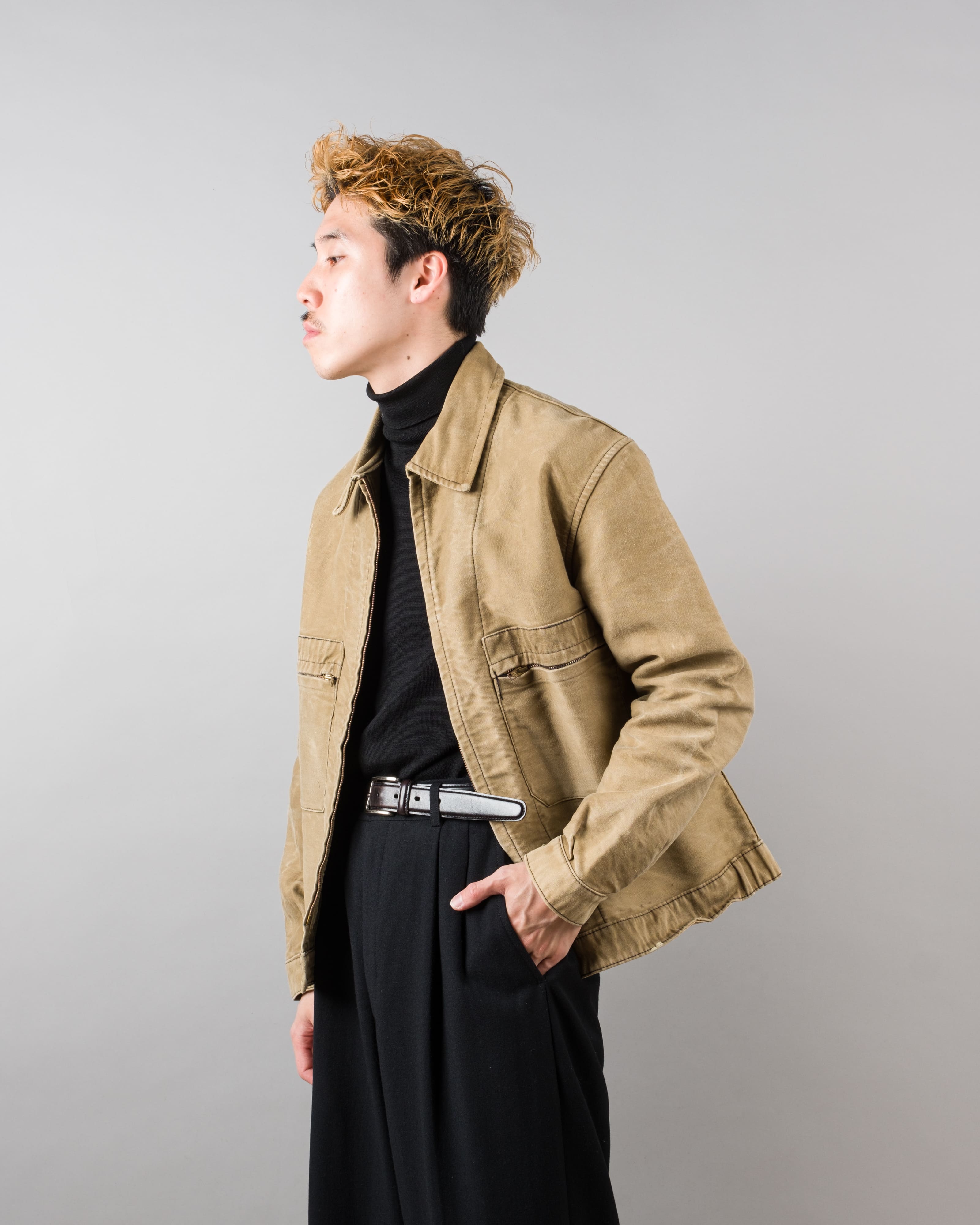 【~50's】French Vintage Brown Beige Moleskin Cyclist Jacket