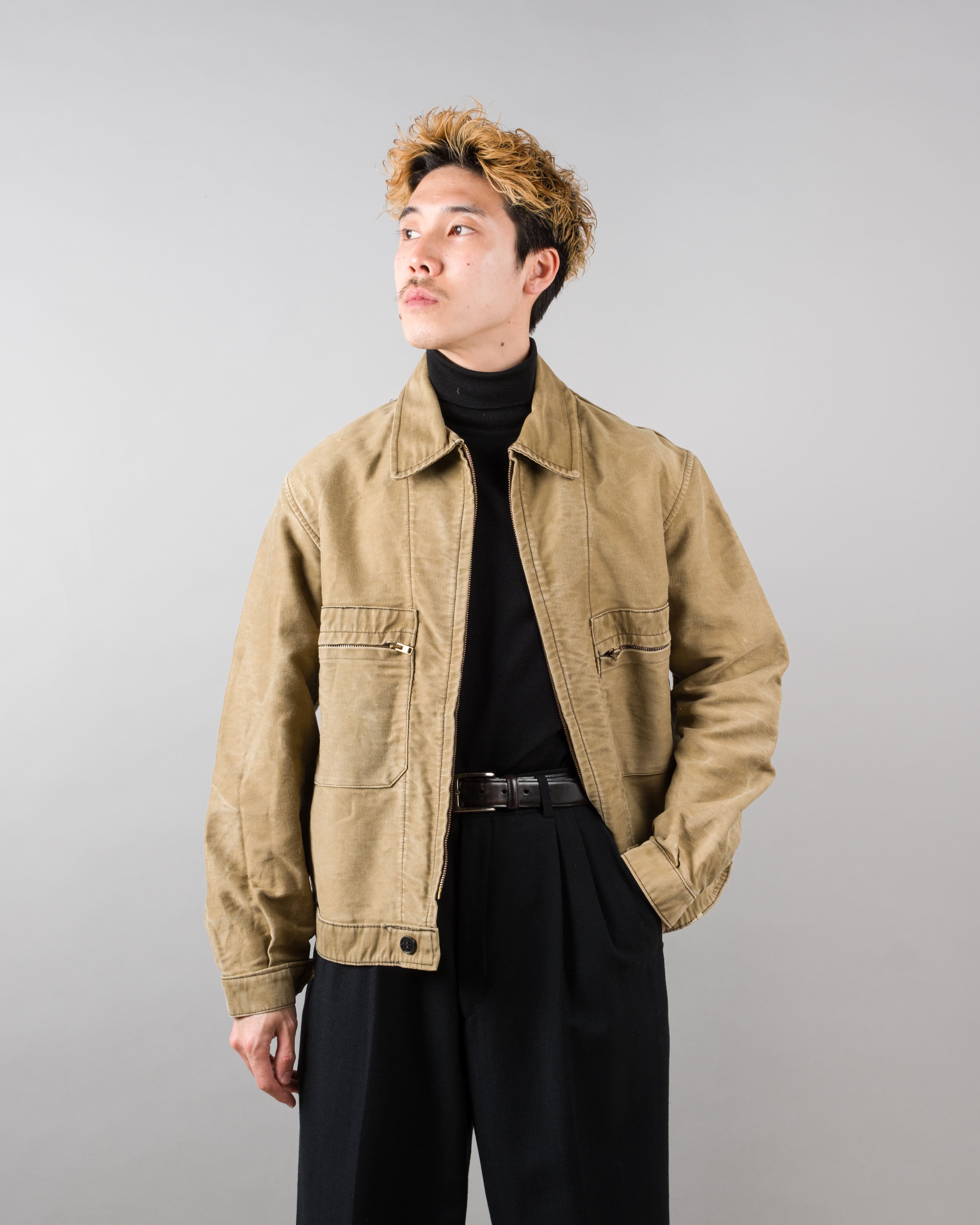【~50's】French Vintage Brown Beige Moleskin Cyclist Jacket