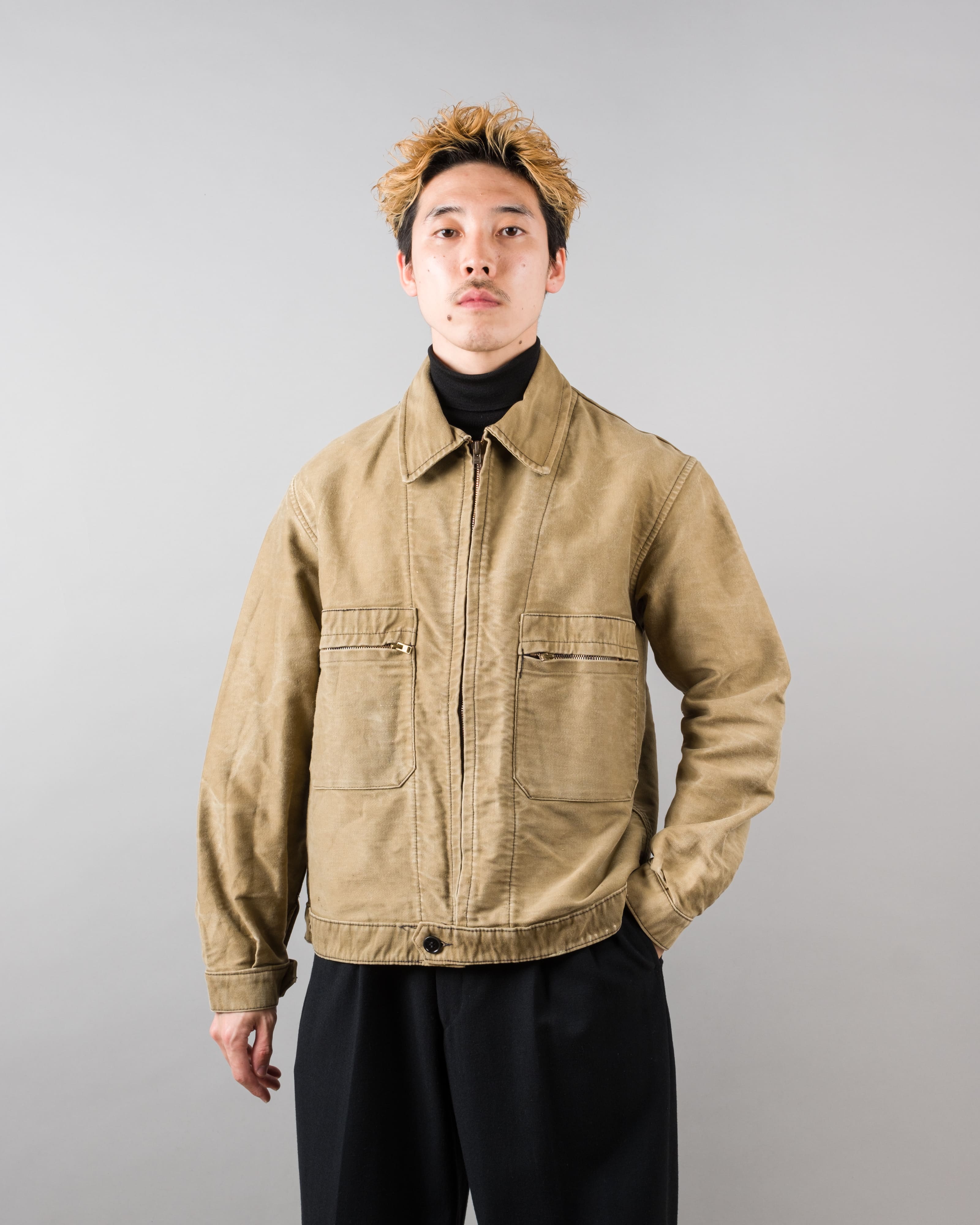 【~50's】French Vintage Brown Beige Moleskin Cyclist Jacket