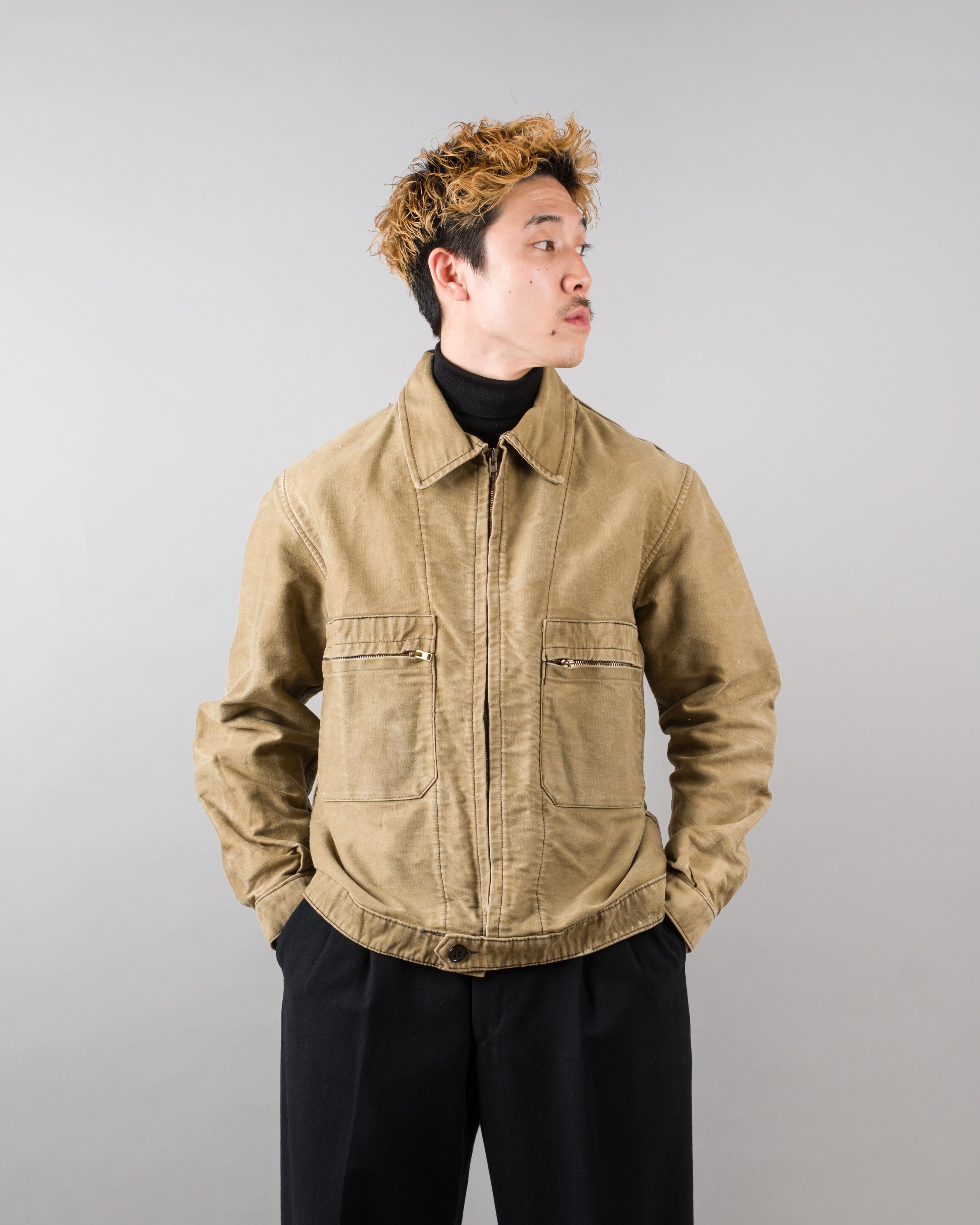 【~50's】French Vintage Brown Beige Moleskin Cyclist Jacket