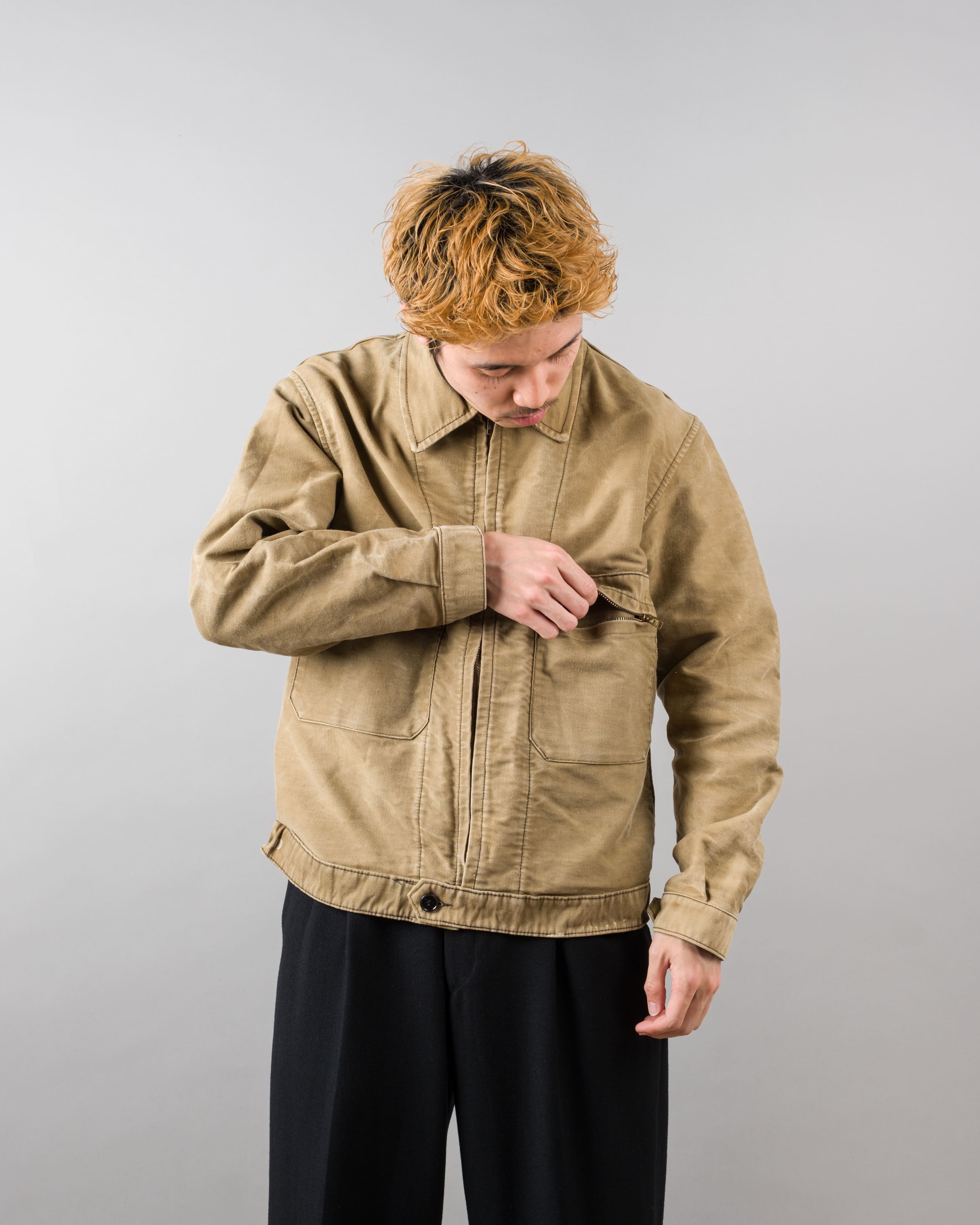 【~50's】French Vintage Brown Beige Moleskin Cyclist Jacket