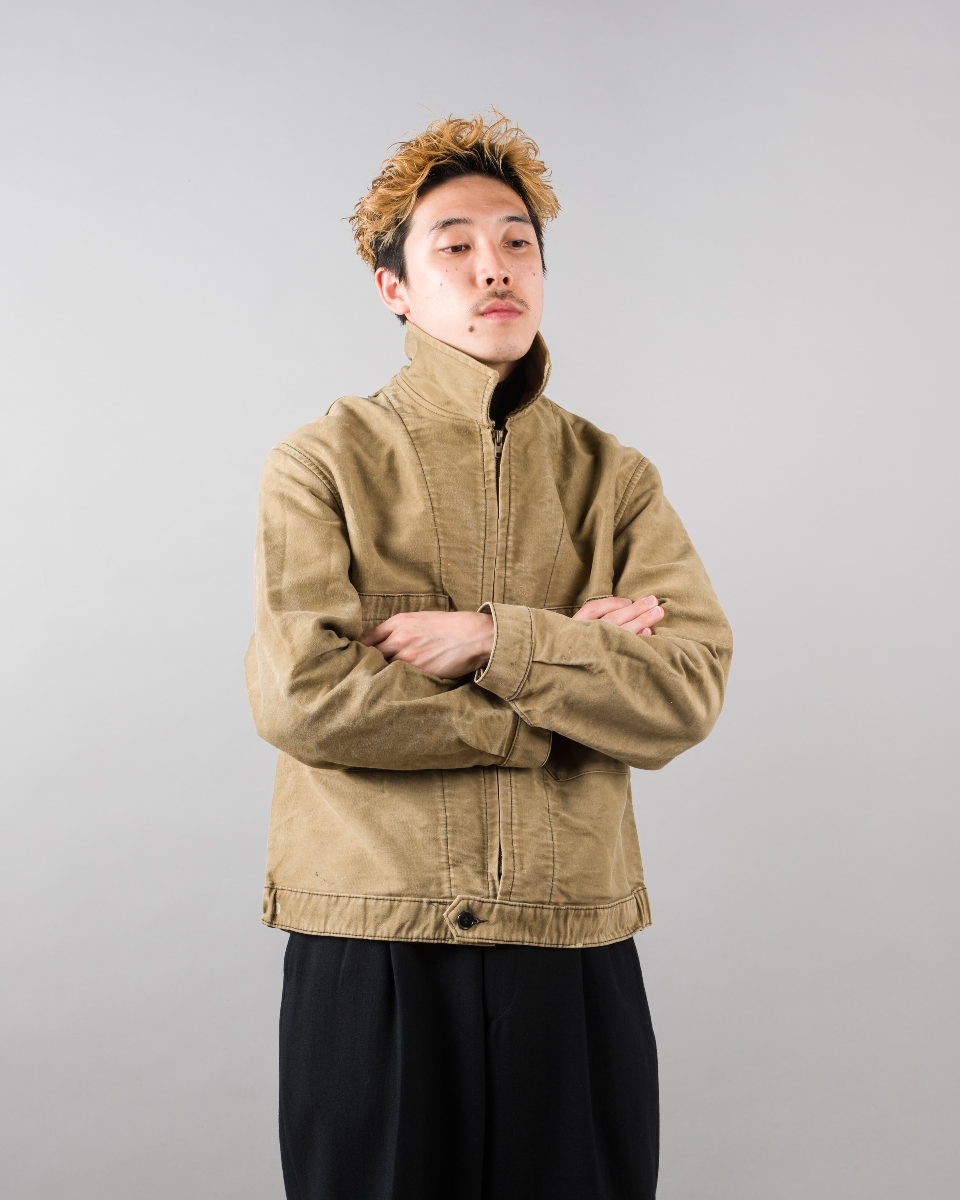 【~50's】French Vintage Brown Beige Moleskin Cyclist Jacket