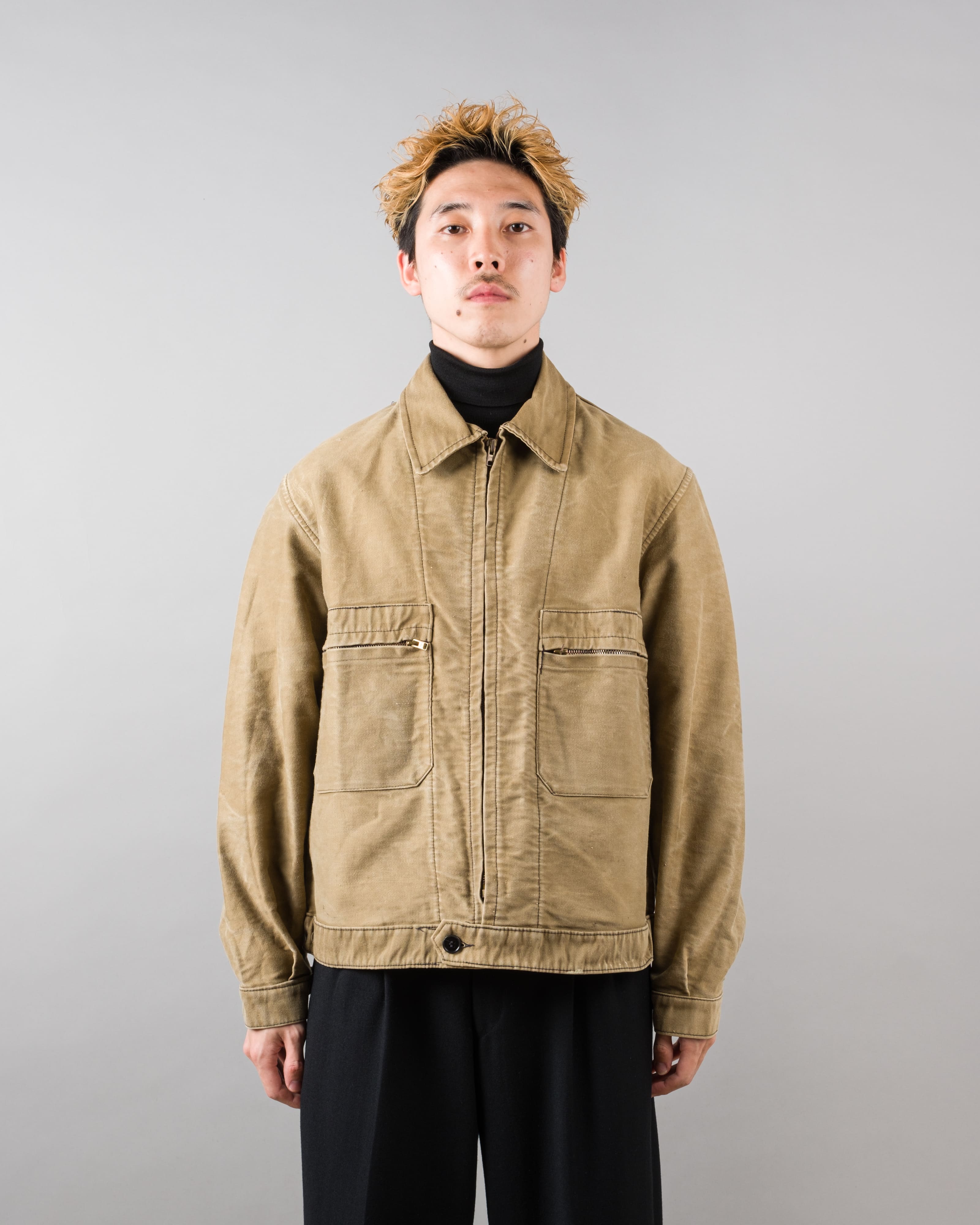 【~50's】French Vintage Brown Beige Moleskin Cyclist Jacket