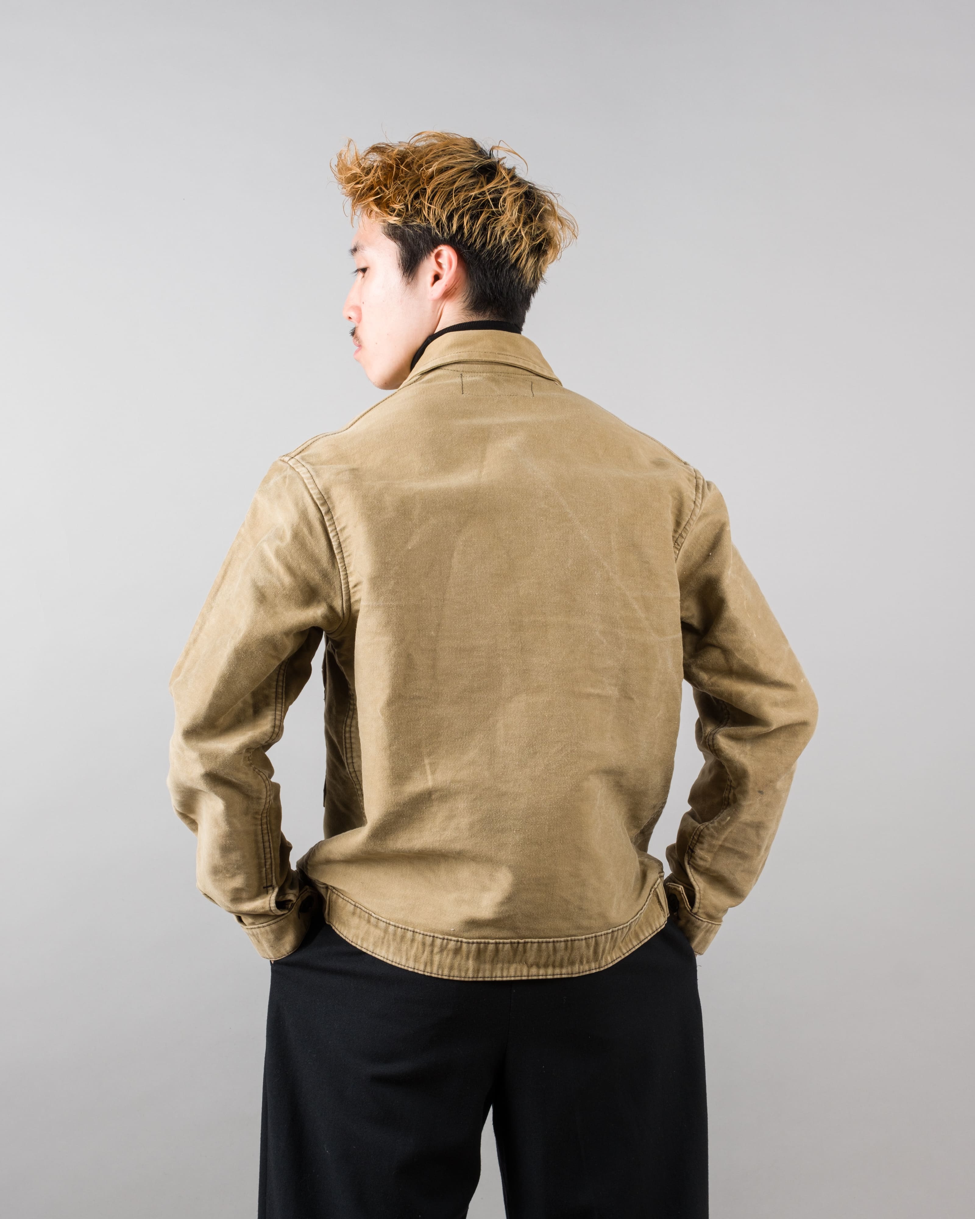 【~50's】French Vintage Brown Beige Moleskin Cyclist Jacket