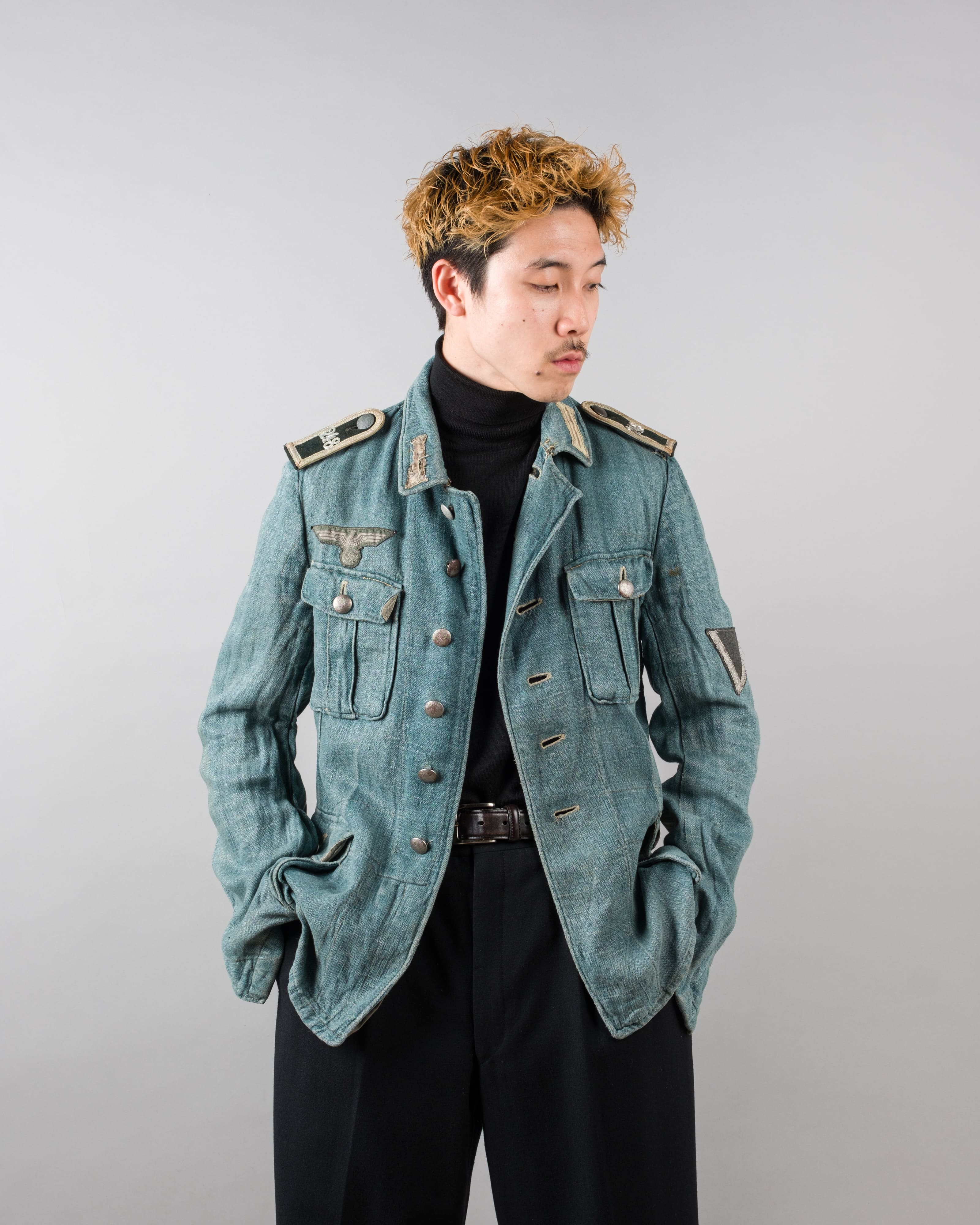 【~40's】WWII German Army Turquoise Green Drillich HBT Linen Summer Field Jacket "Wehrmacht"