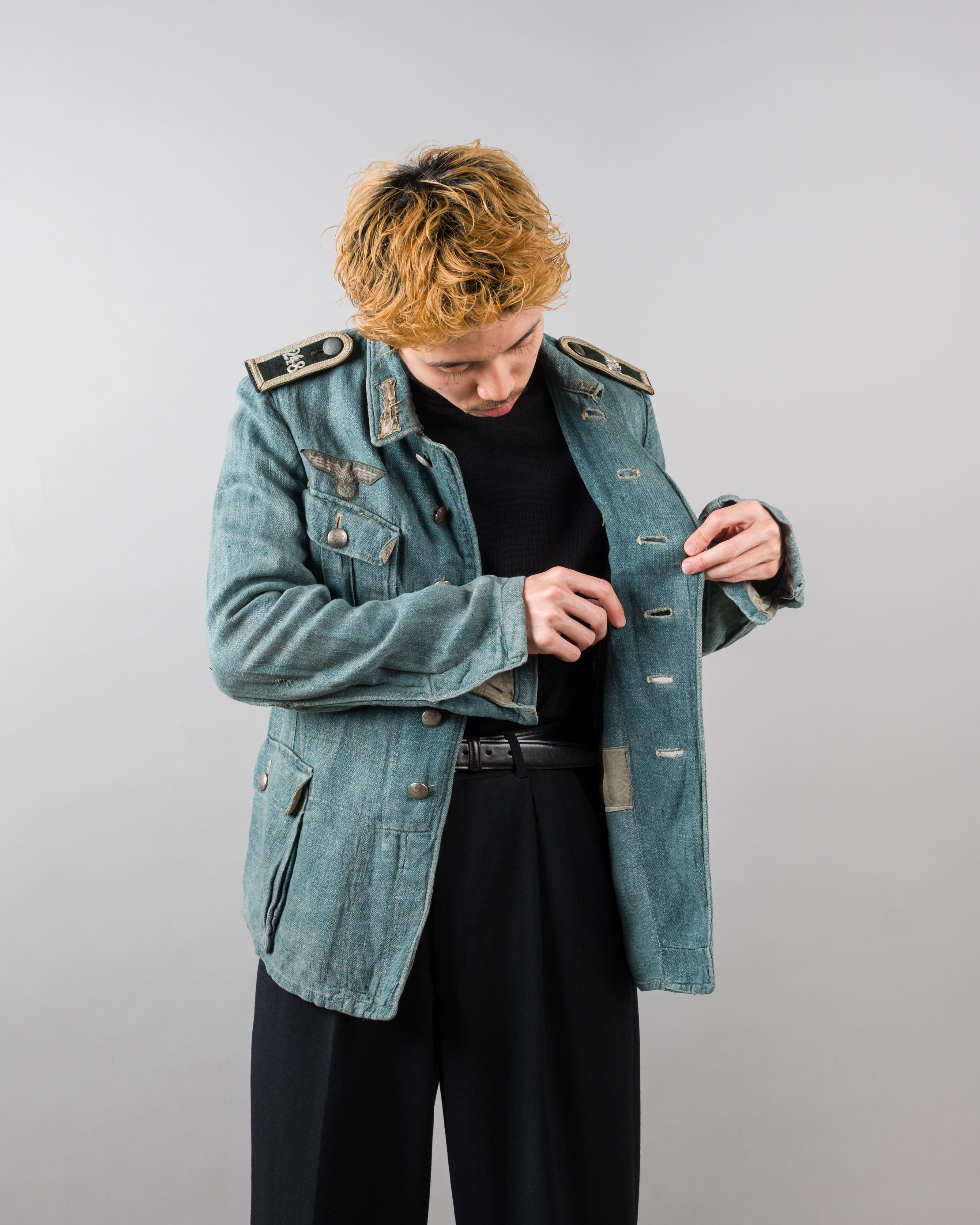 【~40's】WWII German Army Turquoise Green Drillich HBT Linen Summer Field Jacket "Wehrmacht"