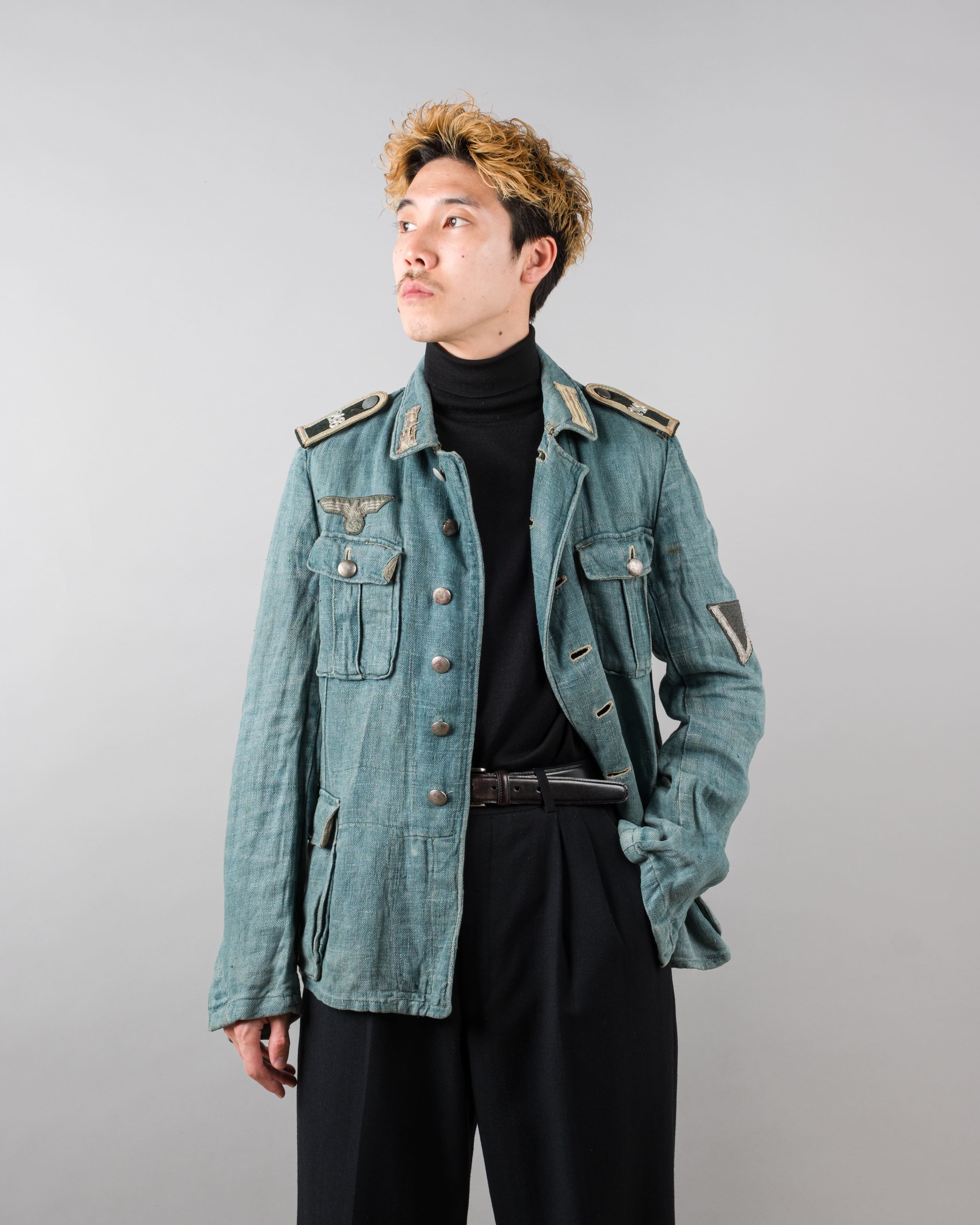 【~40's】WWII German Army Turquoise Green Drillich HBT Linen Summer Field Jacket "Wehrmacht"