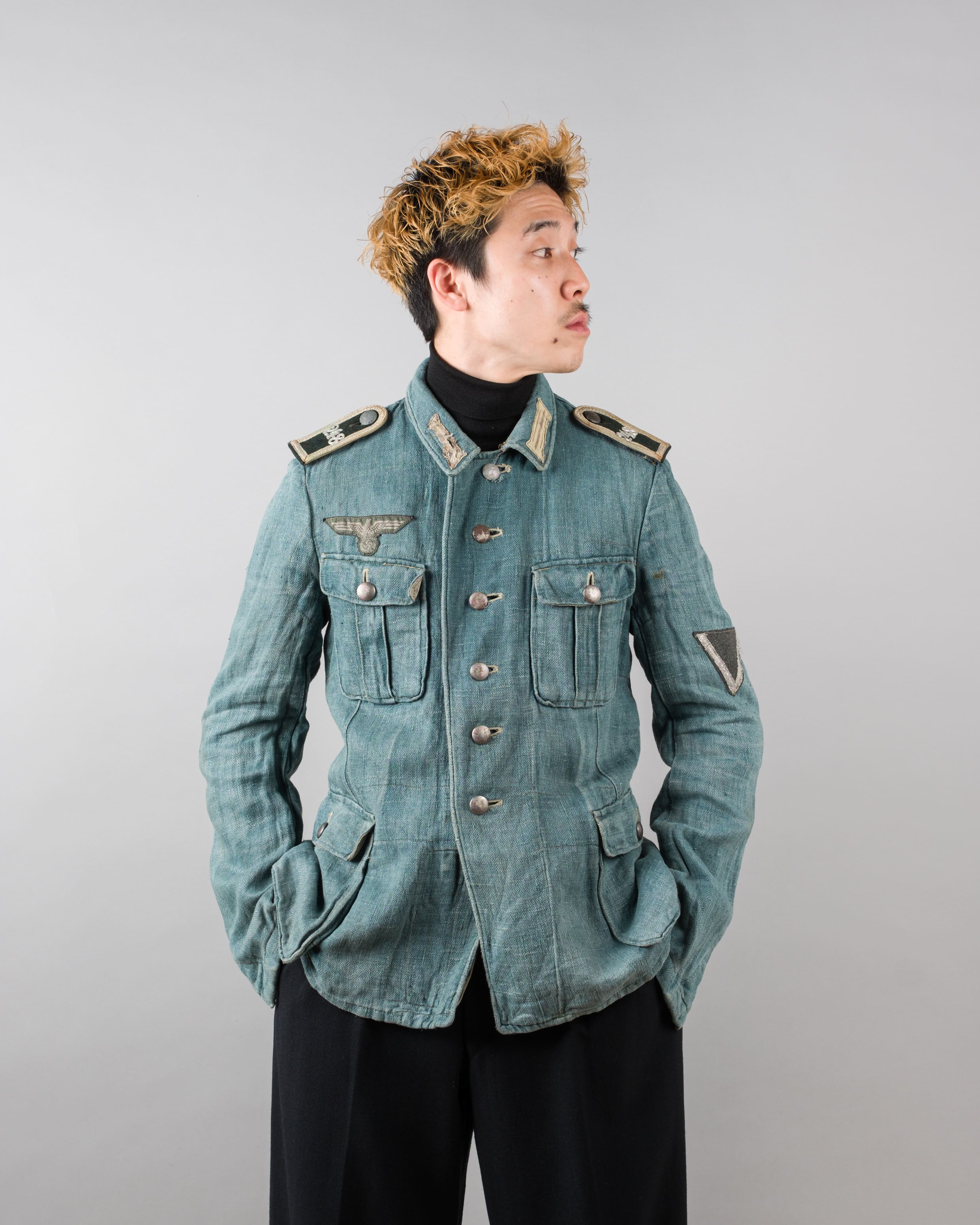 【~40's】WWII German Army Turquoise Green Drillich HBT Linen Summer Field Jacket "Wehrmacht"