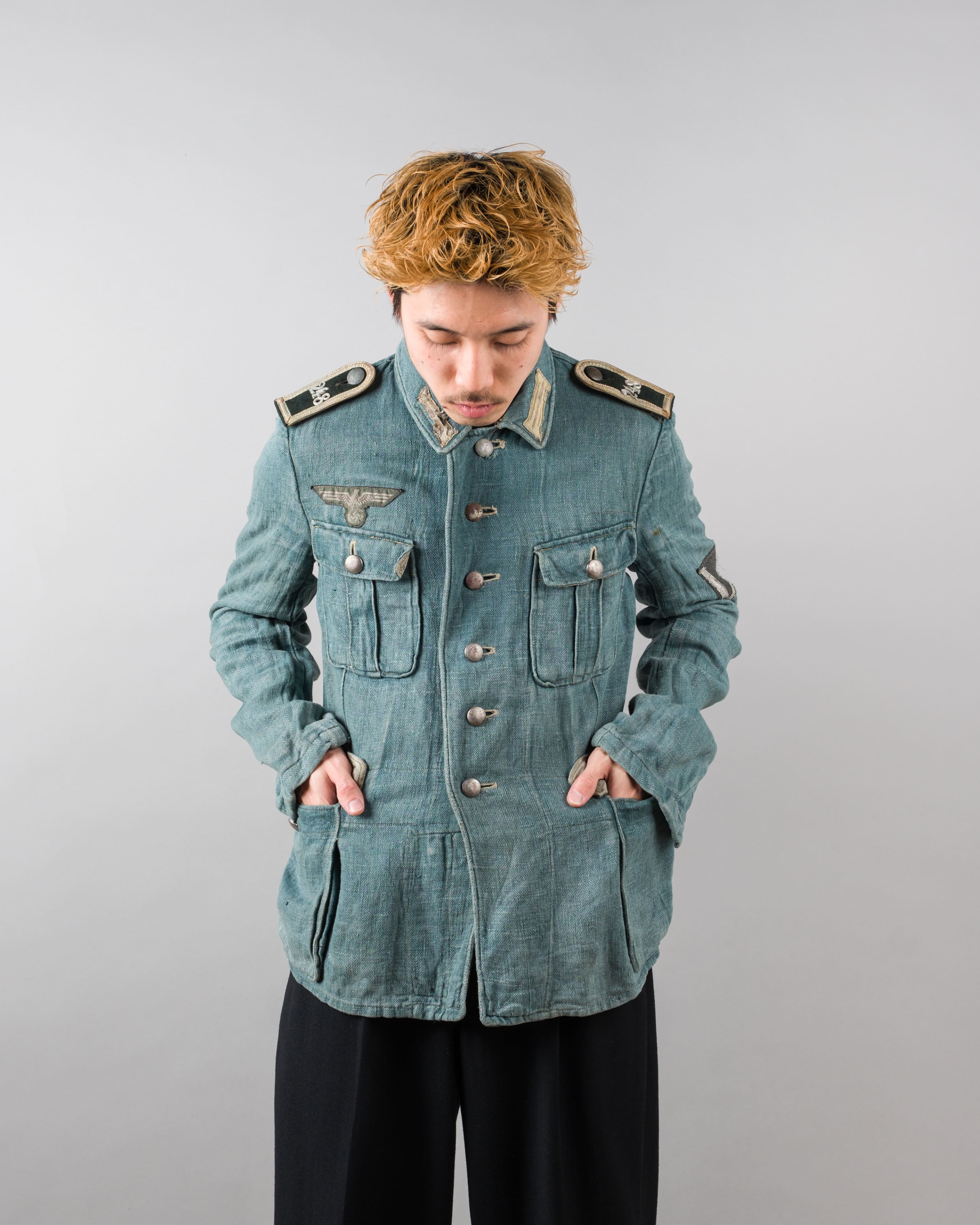 【~40's】WWII German Army Turquoise Green Drillich HBT Linen Summer Field Jacket "Wehrmacht"