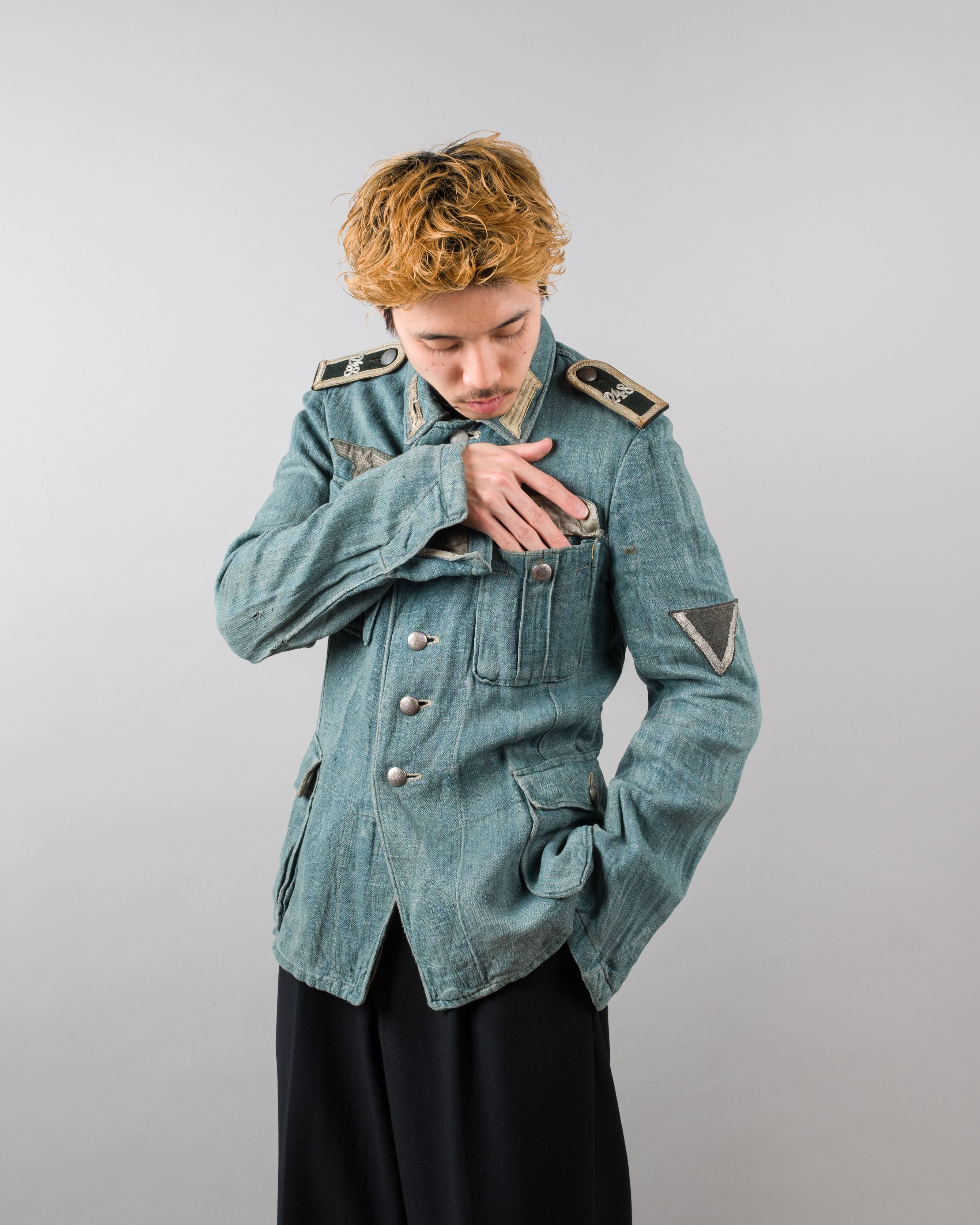 【~40's】WWII German Army Turquoise Green Drillich HBT Linen Summer Field Jacket "Wehrmacht"