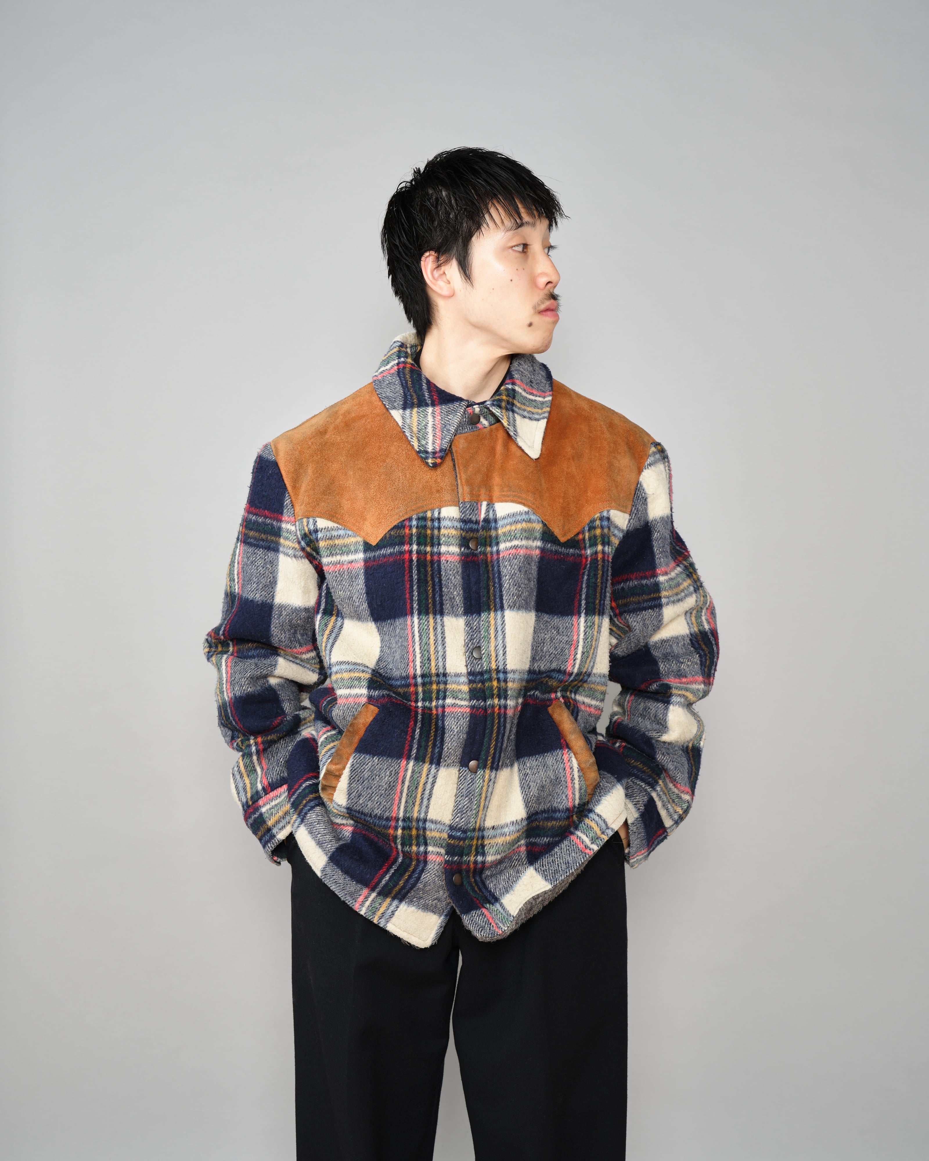 【~60's】Canadian Vintage Switching Suede Leather Mixed Wool Plaid Jacket