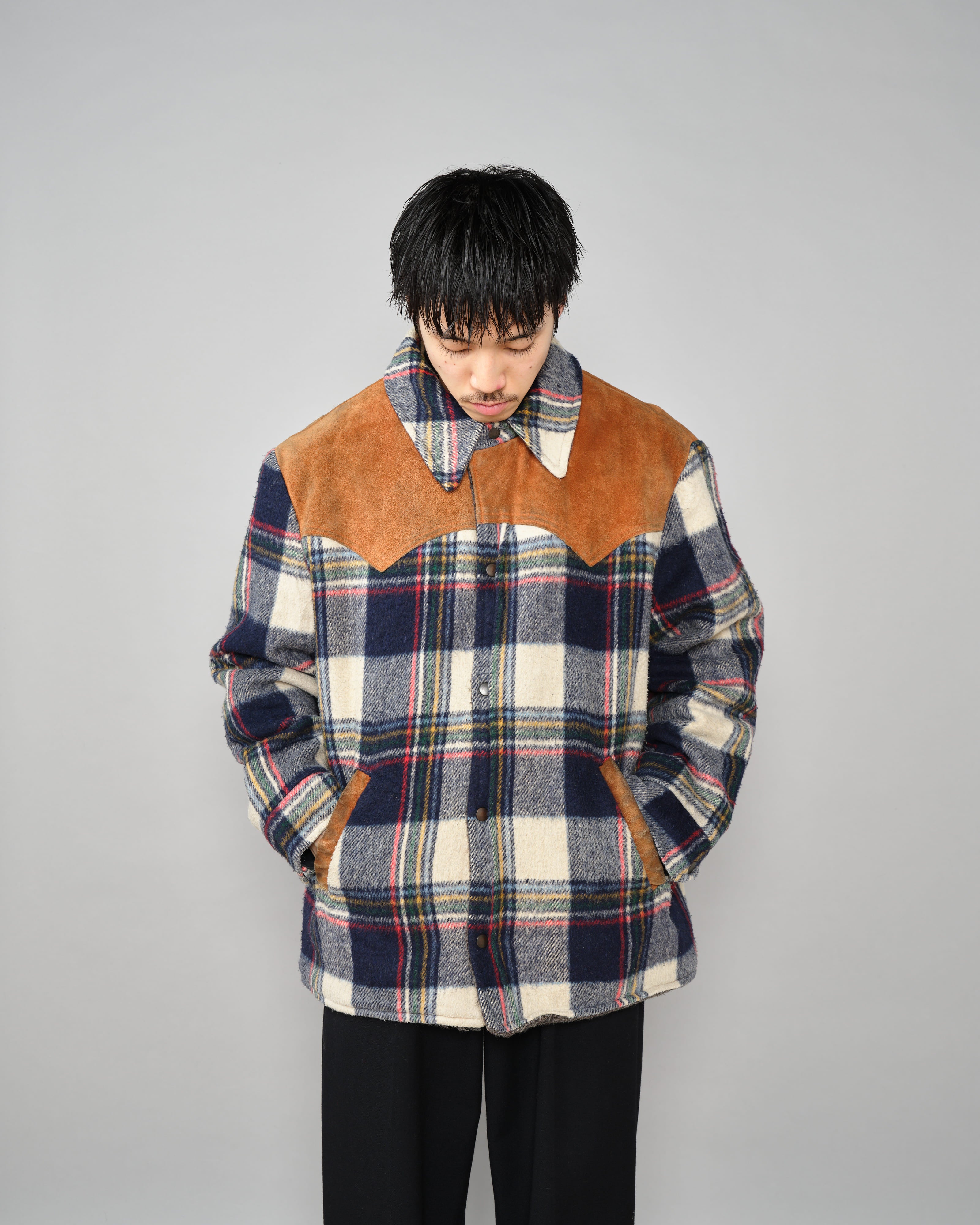 【~60's】Canadian Vintage Switching Suede Leather Mixed Wool Plaid Jacket