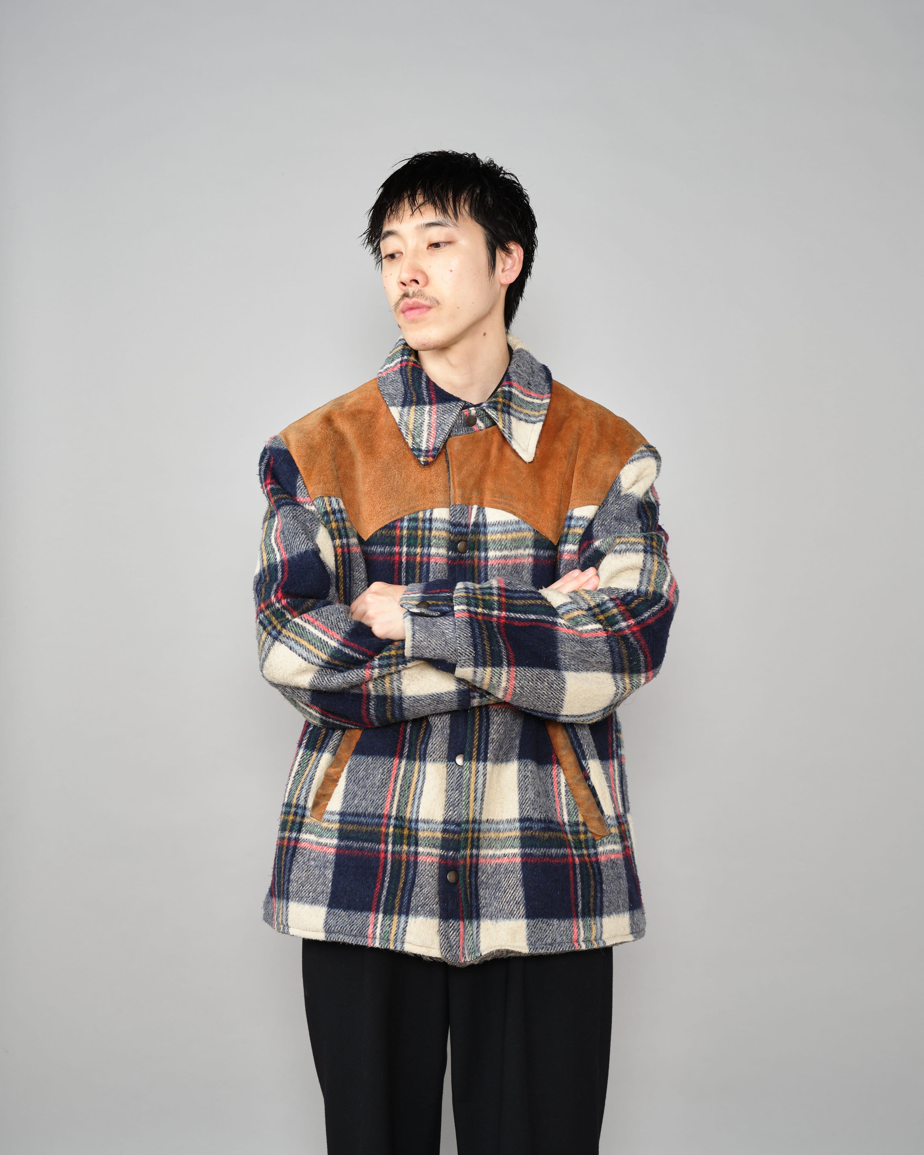 【~60's】Canadian Vintage Switching Suede Leather Mixed Wool Plaid Jacket