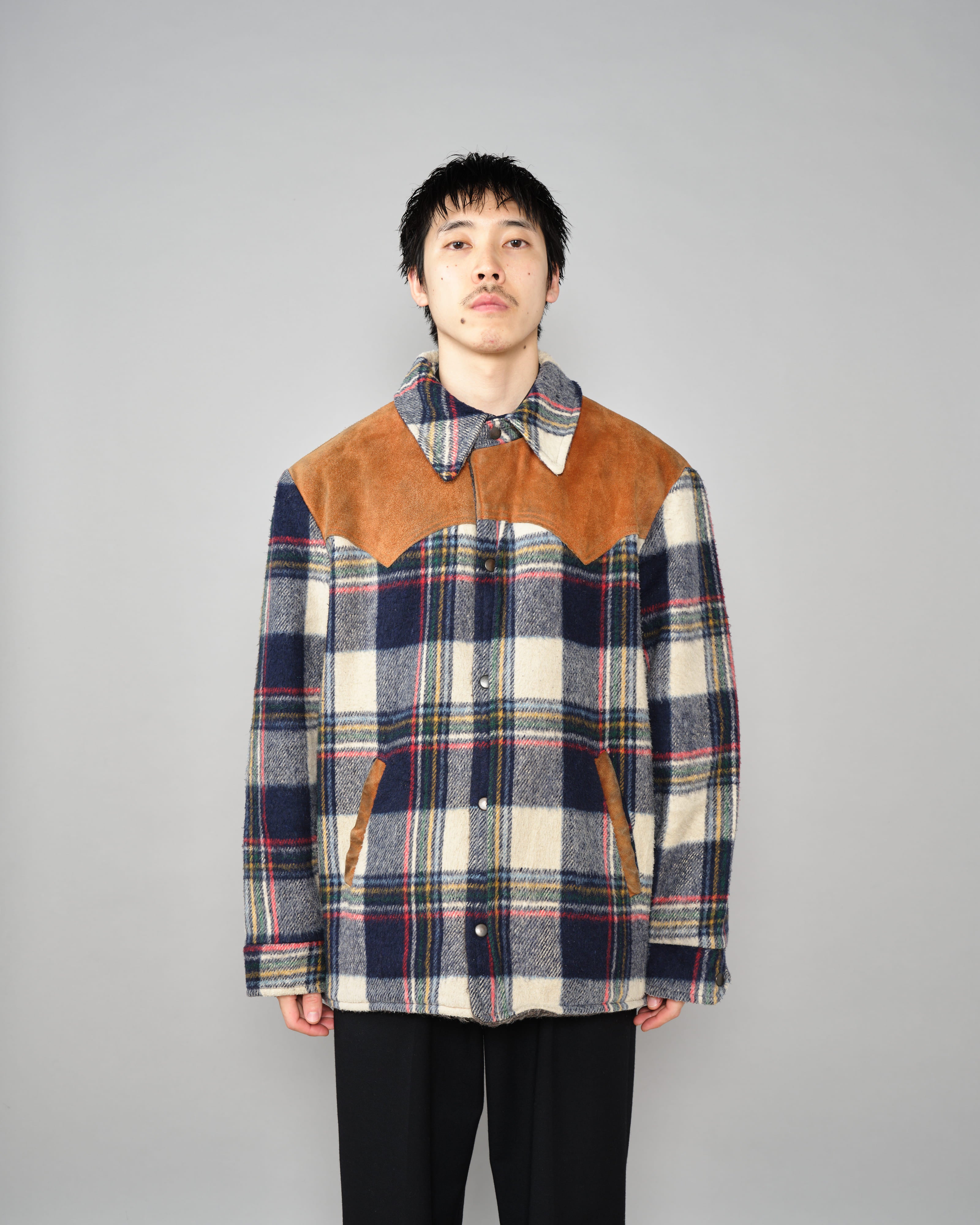 【~60's】Canadian Vintage Switching Suede Leather Mixed Wool Plaid Jacket