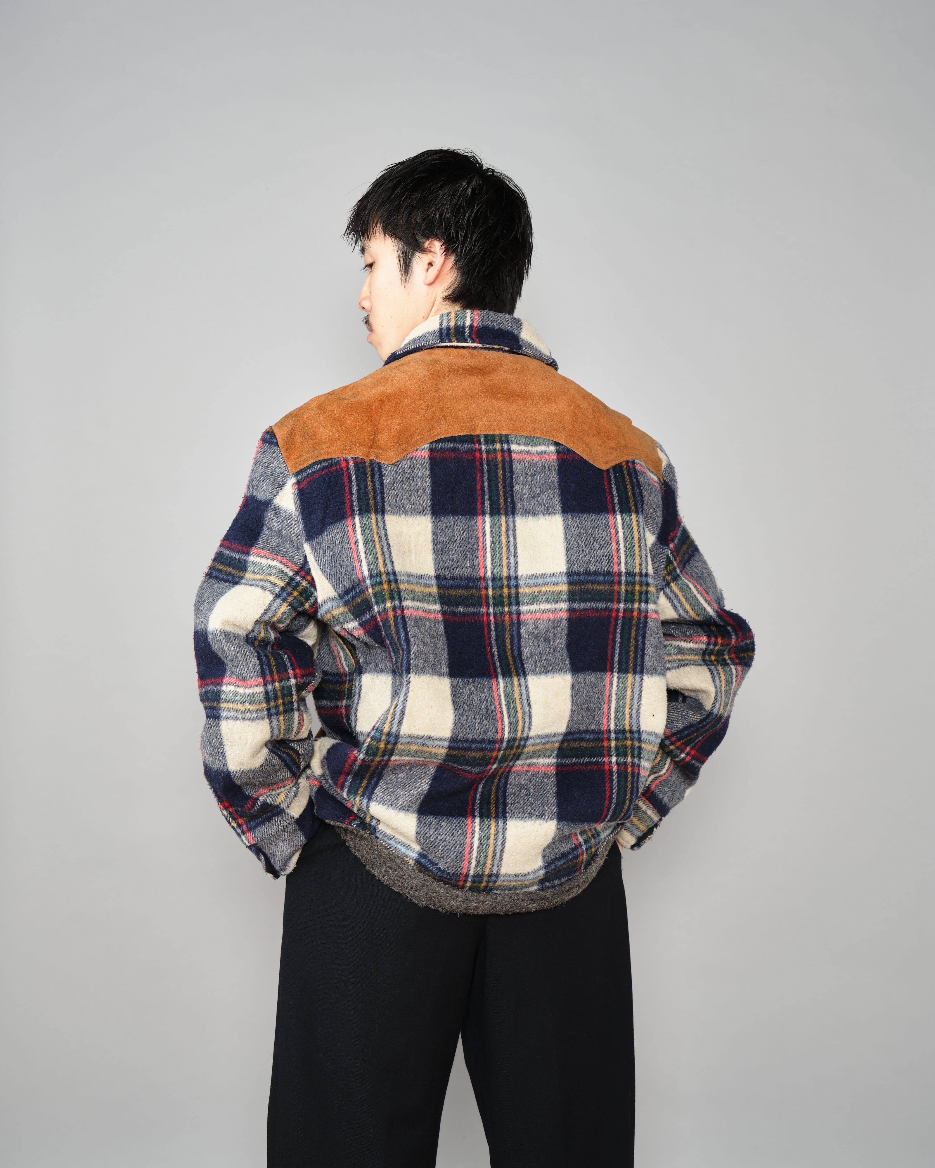 【~60's】Canadian Vintage Switching Suede Leather Mixed Wool Plaid Jacket