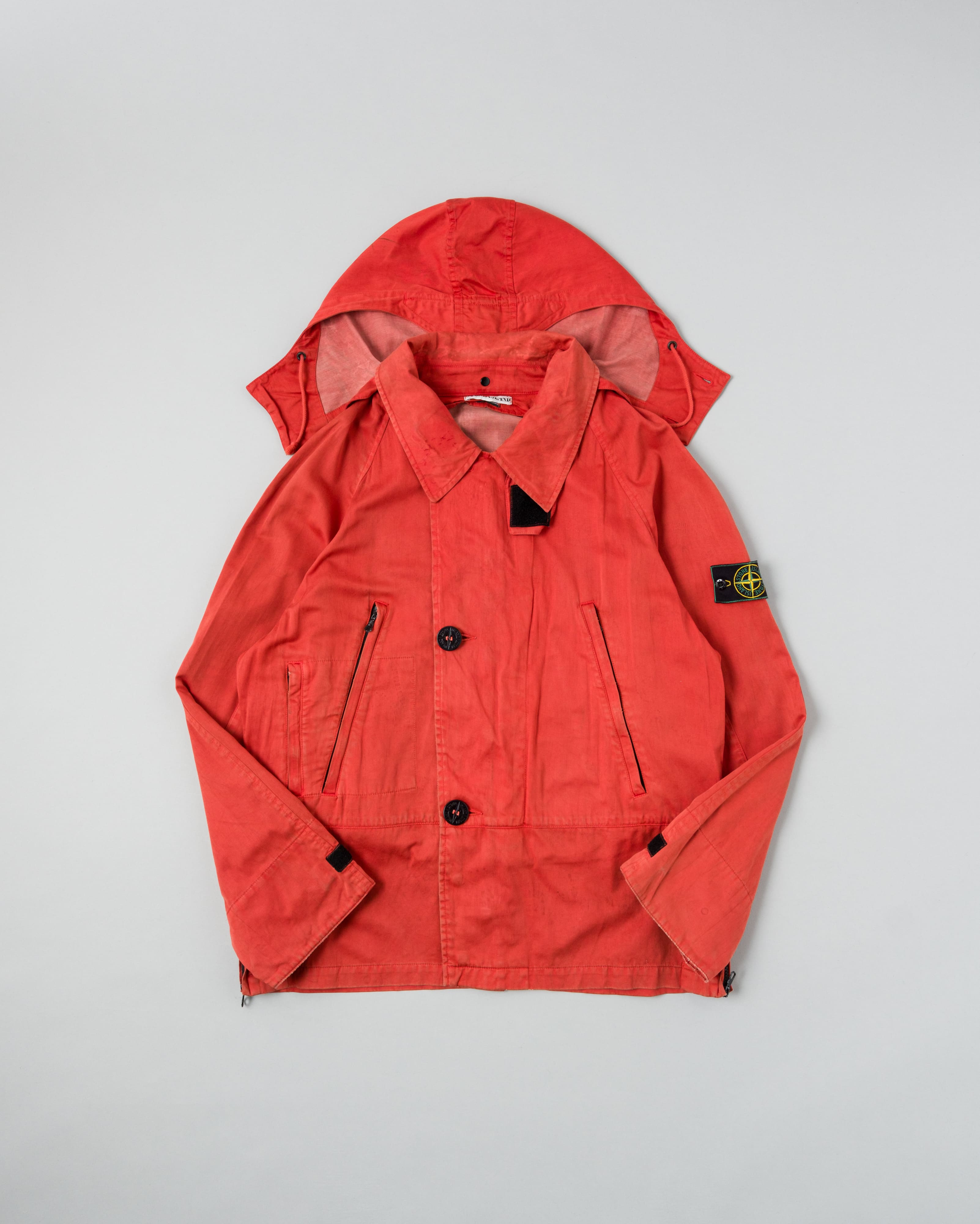 【96AW】Old STONE ISLAND Garment Dyed Detachable Hood Raglan Sleeve Cotton Jacket Size.M "RASO GOMMATO" "Green Edge"