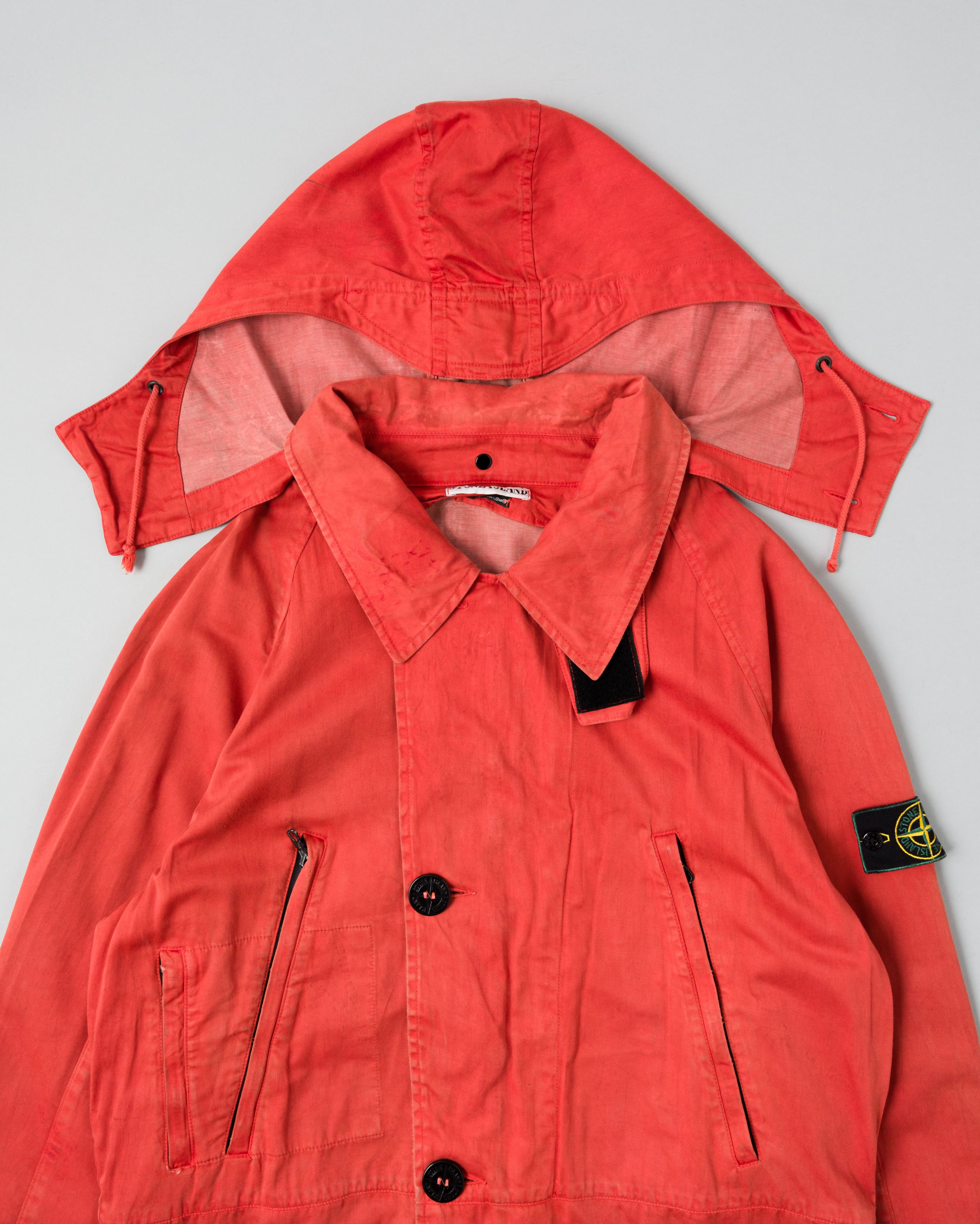 【96AW】Old STONE ISLAND Garment Dyed Detachable Hood Raglan Sleeve Cotton Jacket Size.M "RASO GOMMATO" "Green Edge"
