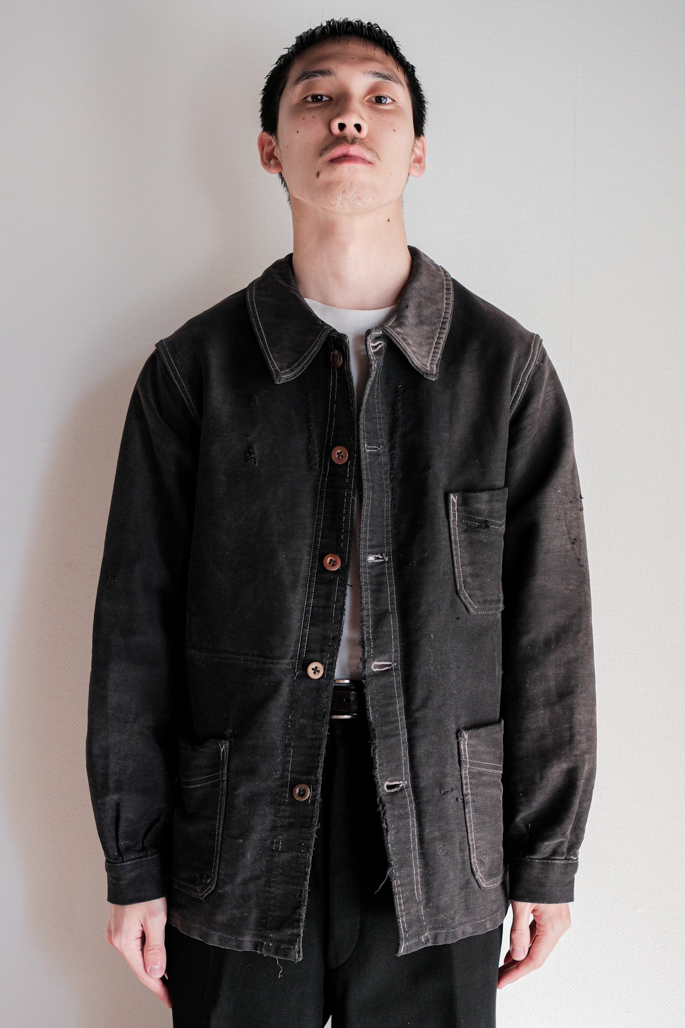 【~40's】French Vintage Black Moleskin Work Jacket "Boro"
