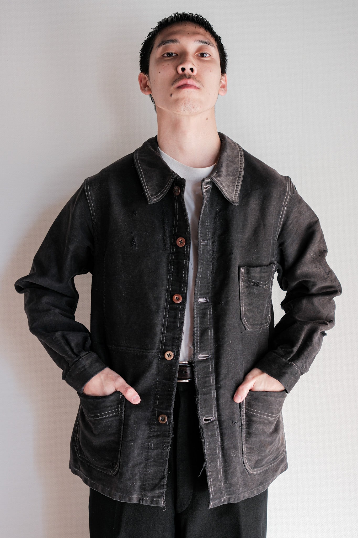 【~40's】French Vintage Black Moleskin Work Jacket "Boro"