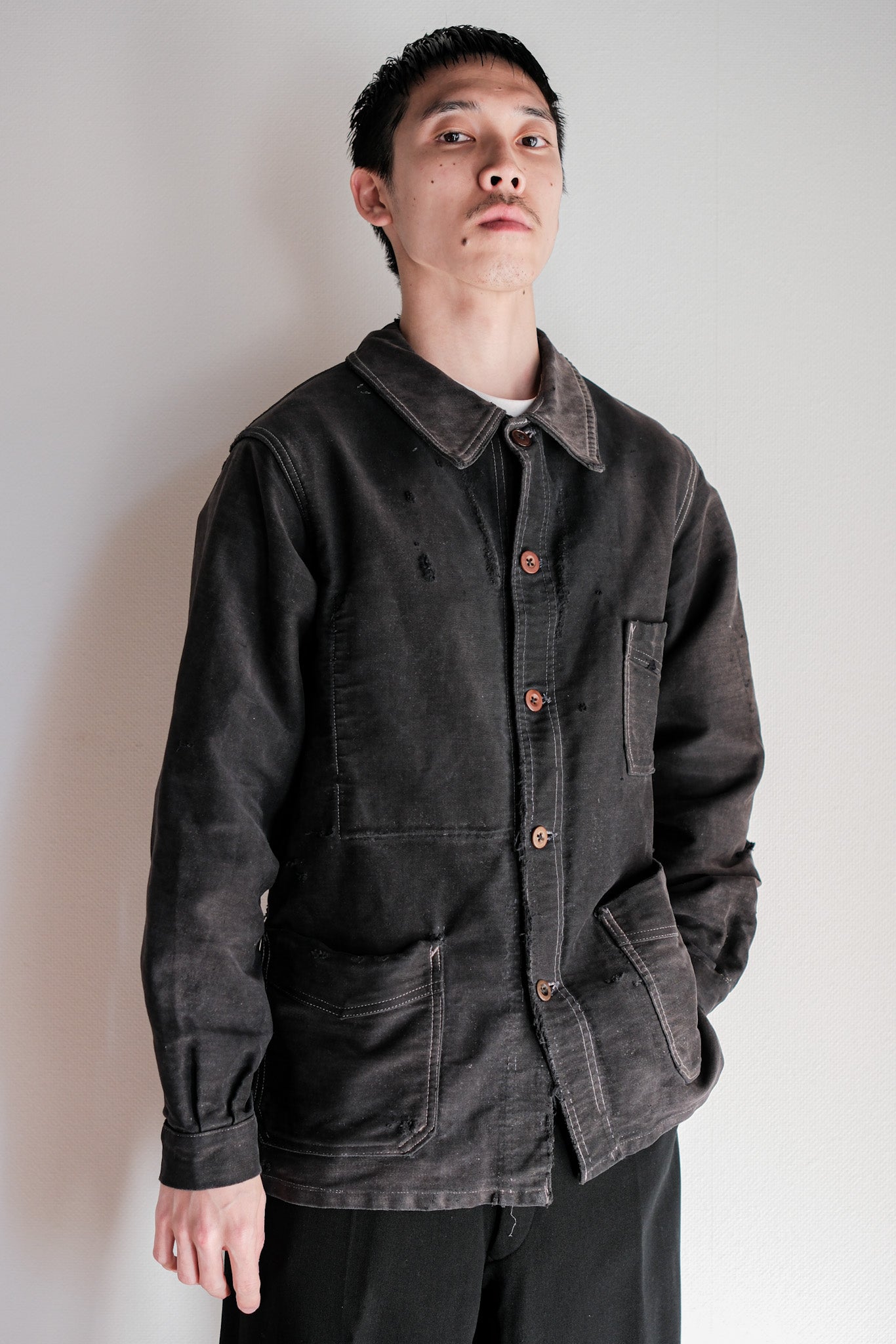 【~40's】French Vintage Black Moleskin Work Jacket "Boro"