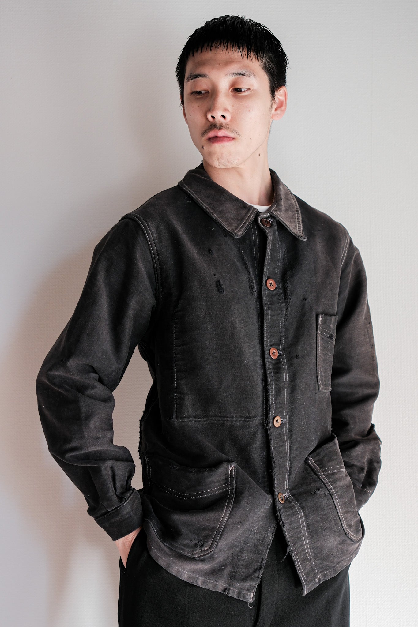 【~40's】French Vintage Black Moleskin Work Jacket "Boro"