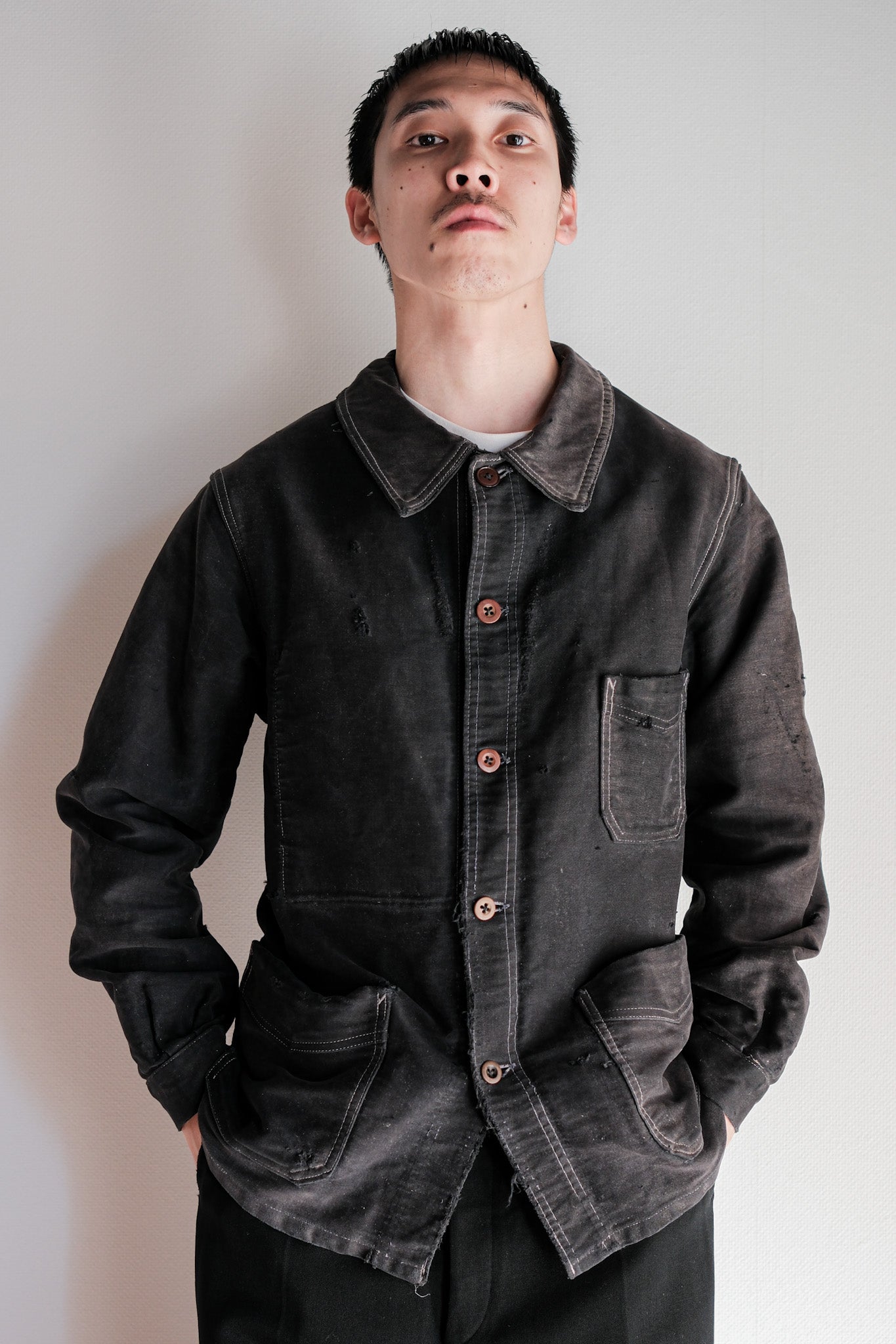 【~40's】French Vintage Black Moleskin Work Jacket "Boro"