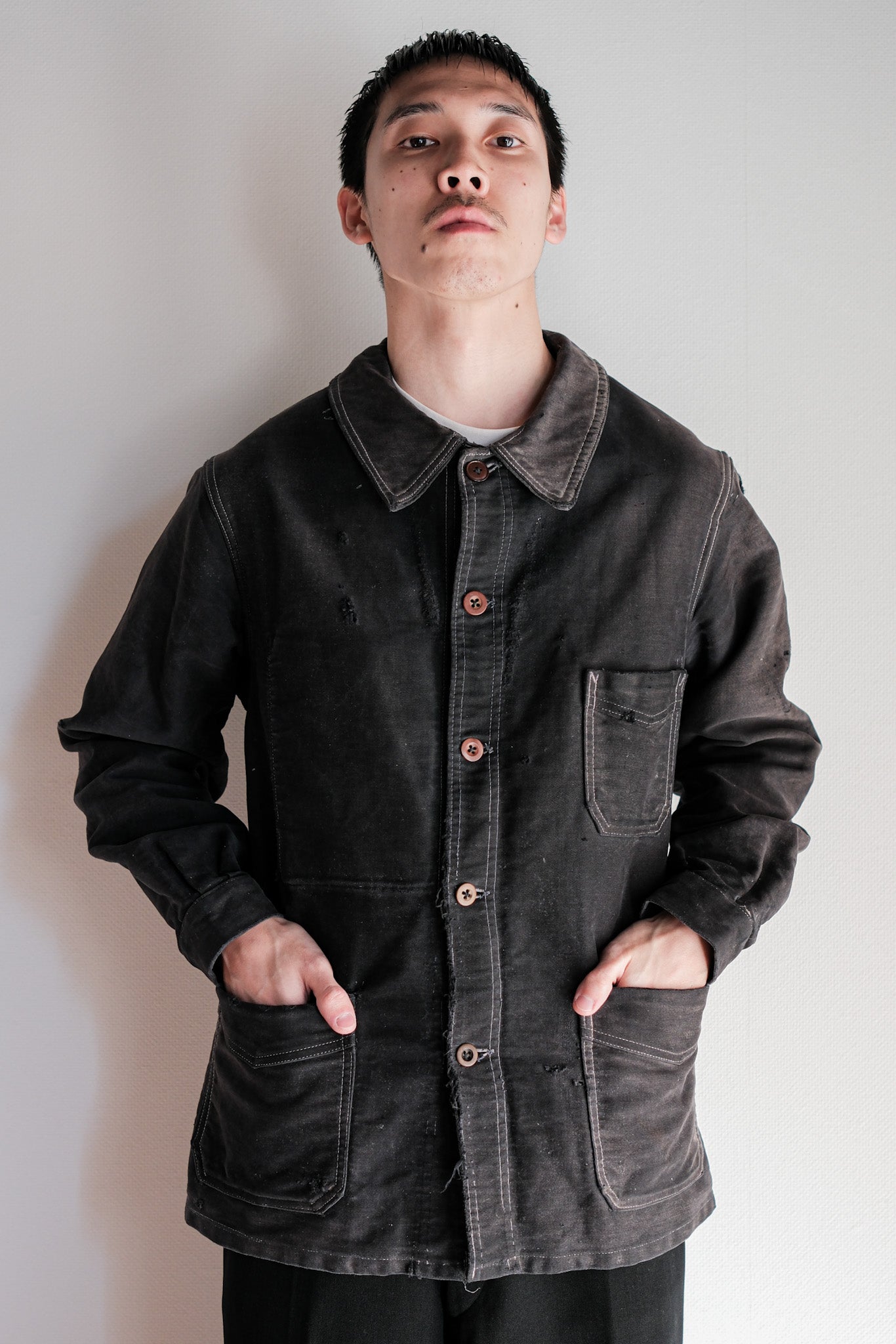 【~40's】French Vintage Black Moleskin Work Jacket "Boro"