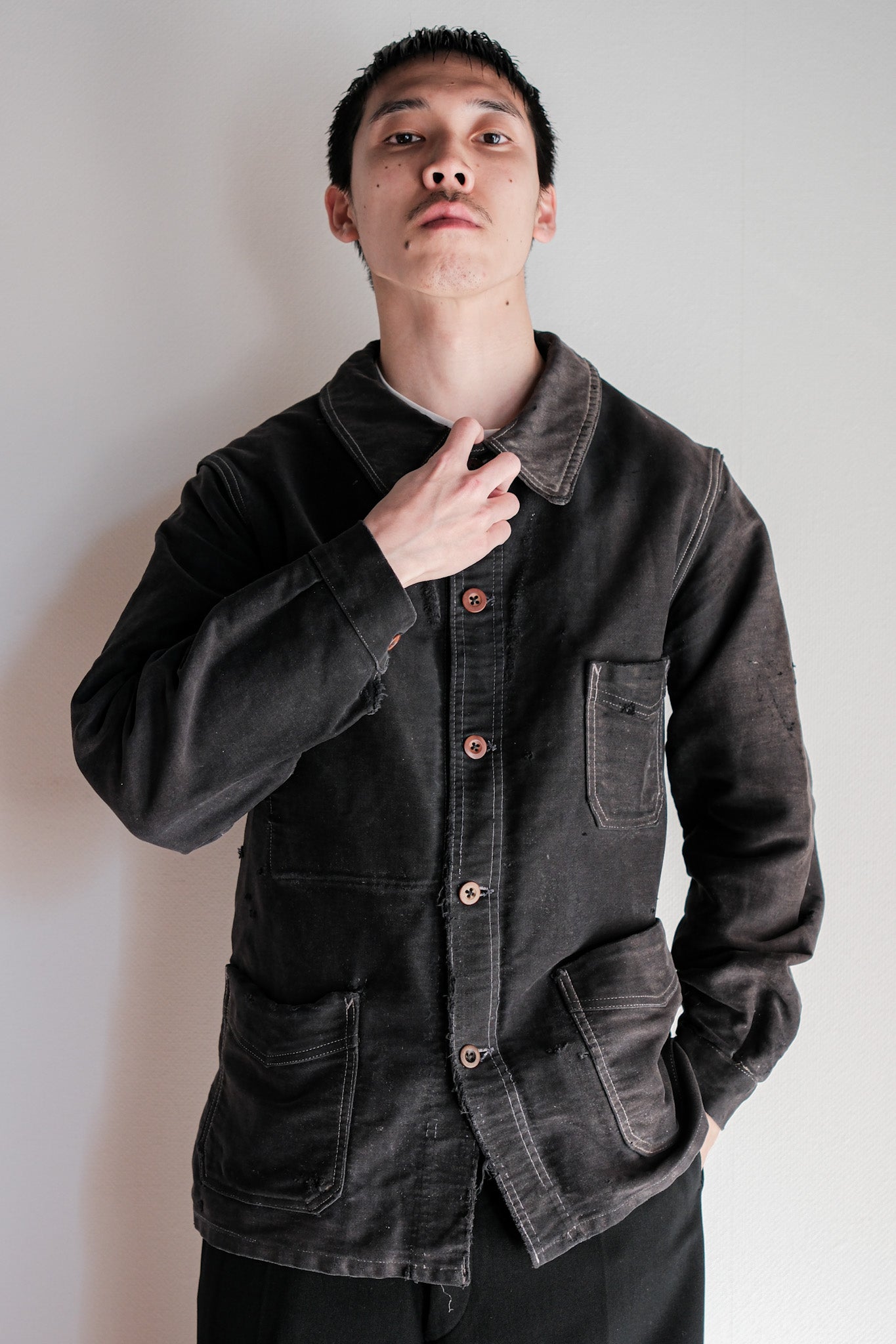 【~40's】French Vintage Black Moleskin Work Jacket "Boro"