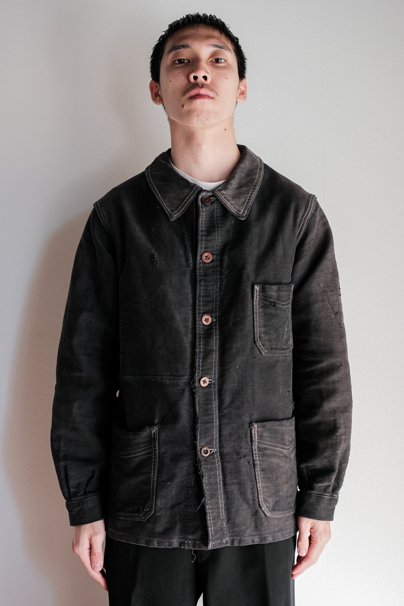 【~40's】French Vintage Black Moleskin Work Jacket "Boro"