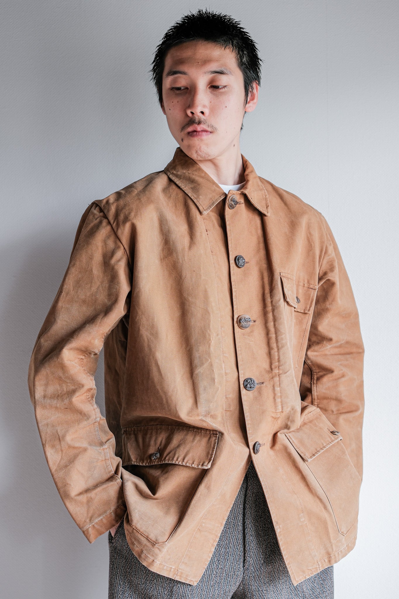 【~50's】French Vintage Cotton Canvas Hunting Jacket Size.46 "Le Mont St. Michel"