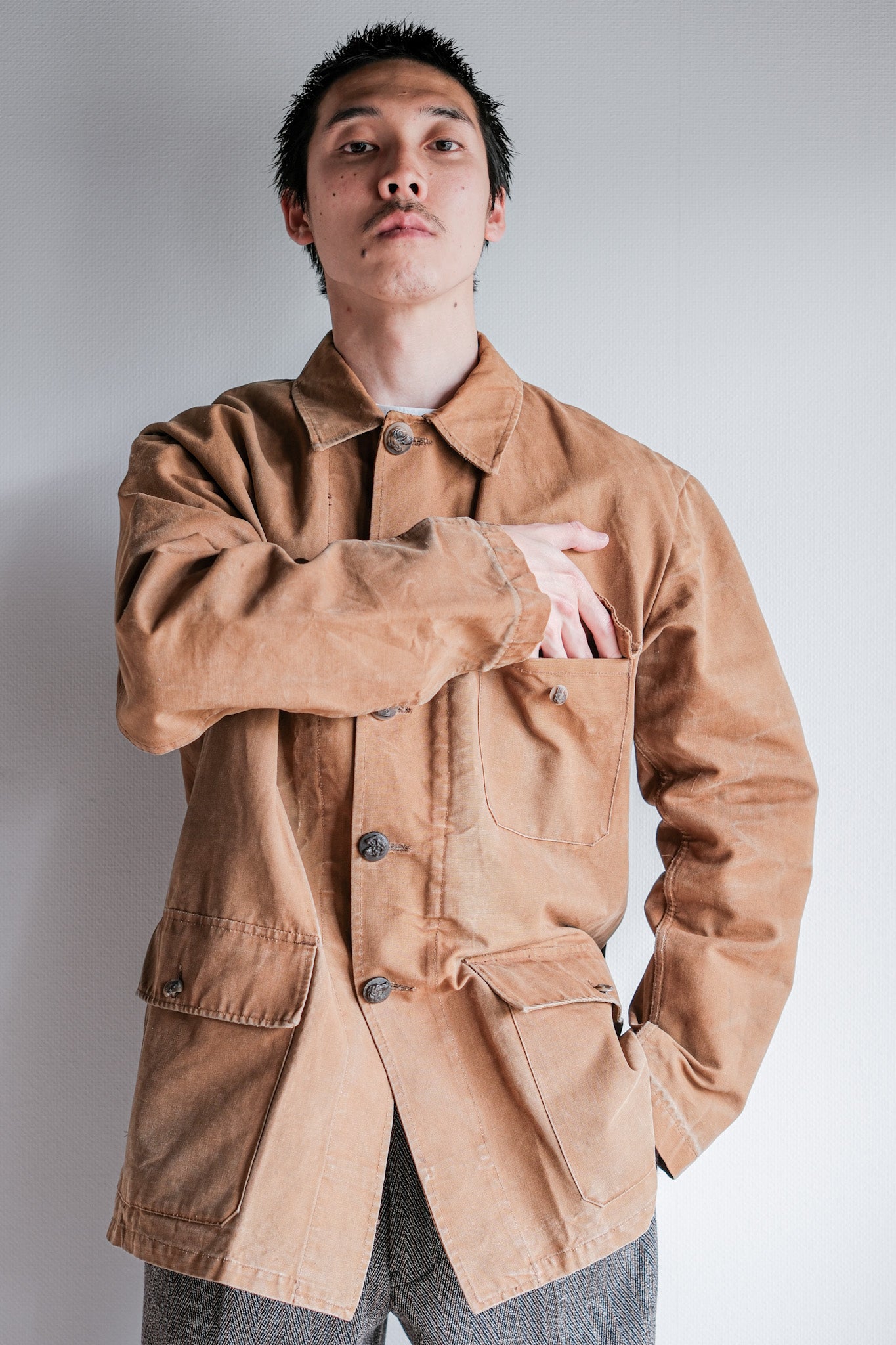 【~50's】French Vintage Cotton Canvas Hunting Jacket Size.46 "Le Mont St. Michel"