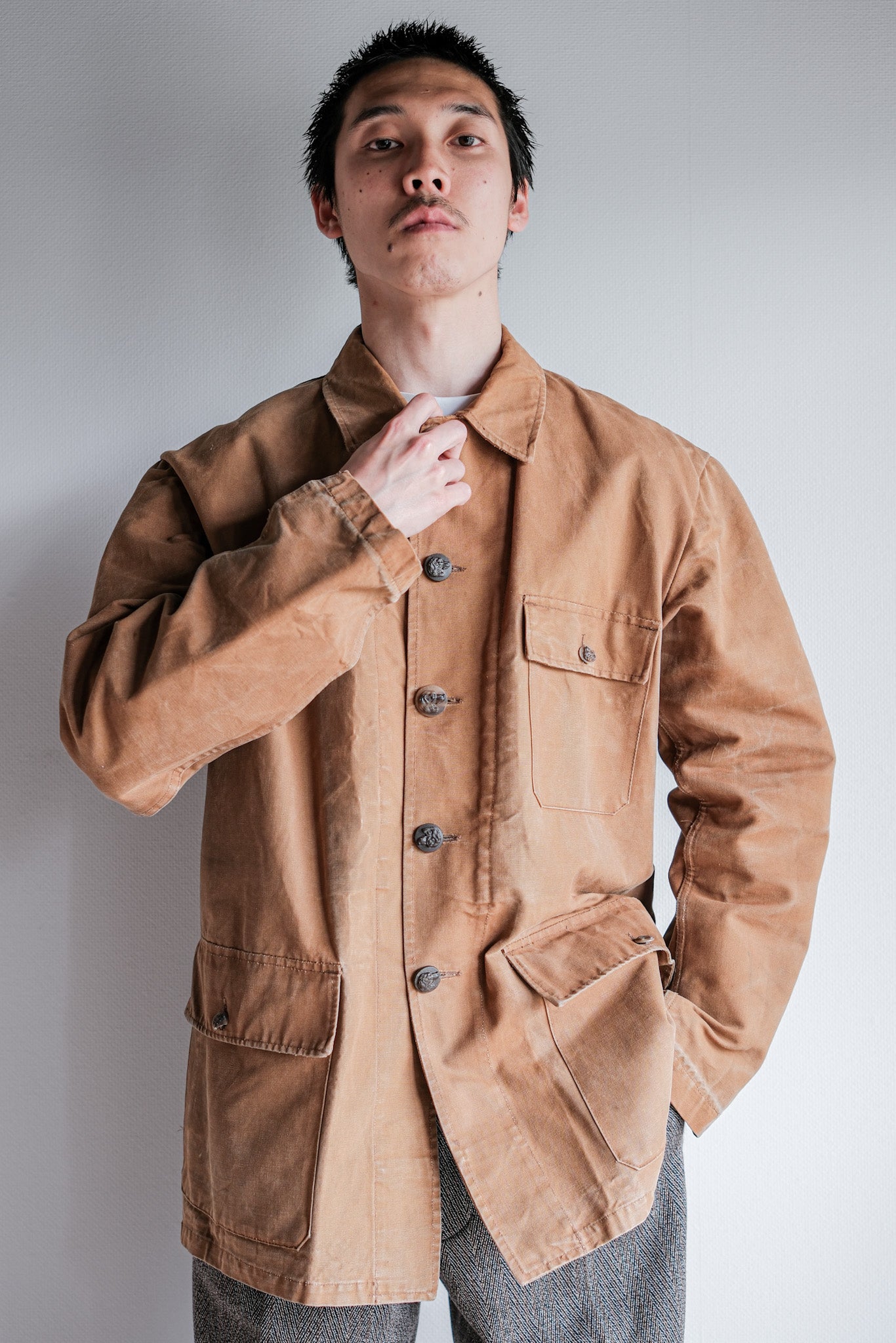【~50's】French Vintage Cotton Canvas Hunting Jacket Size.46 "Le Mont St. Michel"