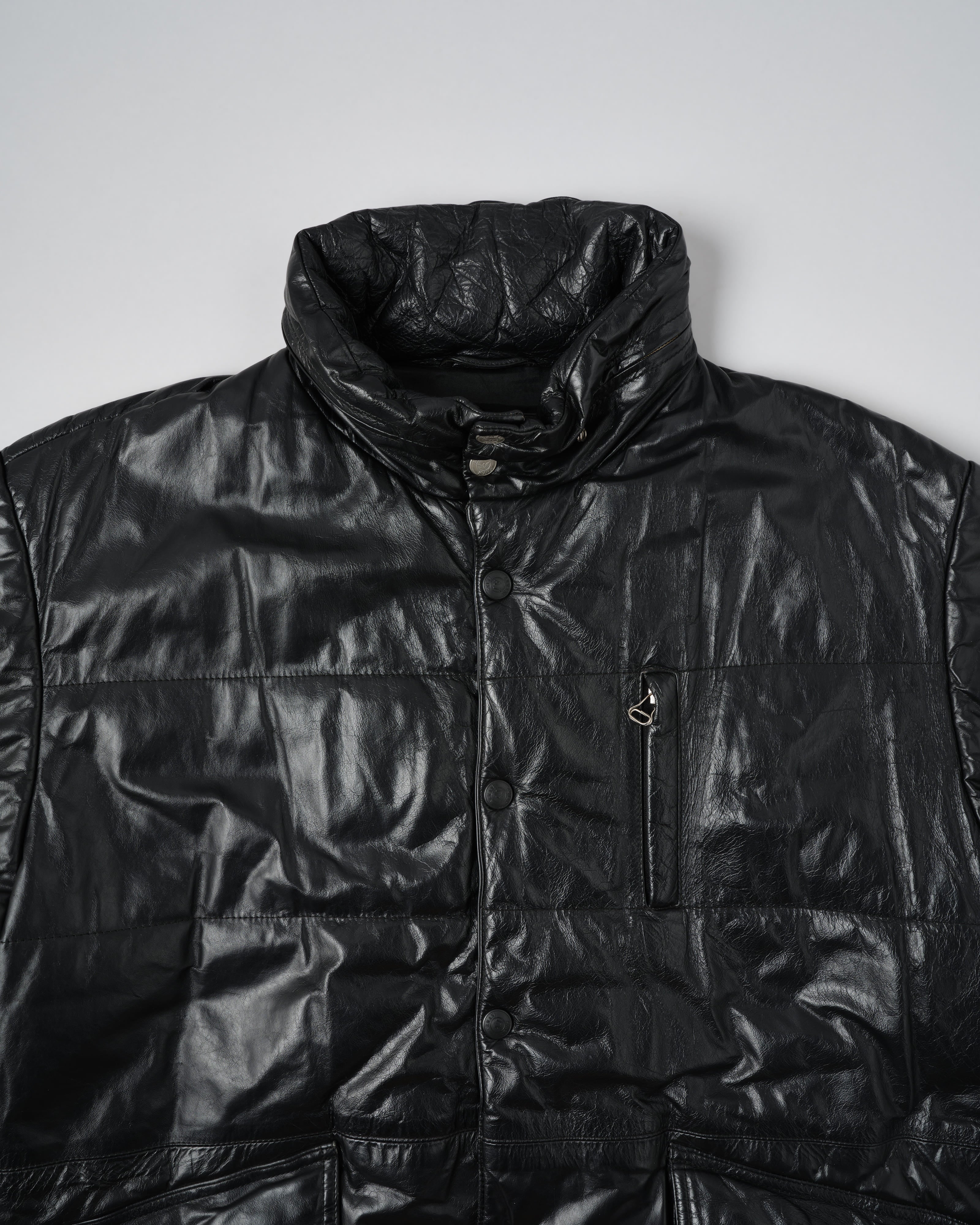 【~90’s】Old ARMANI JEANS Black Leather Puffer Jacket Size.52