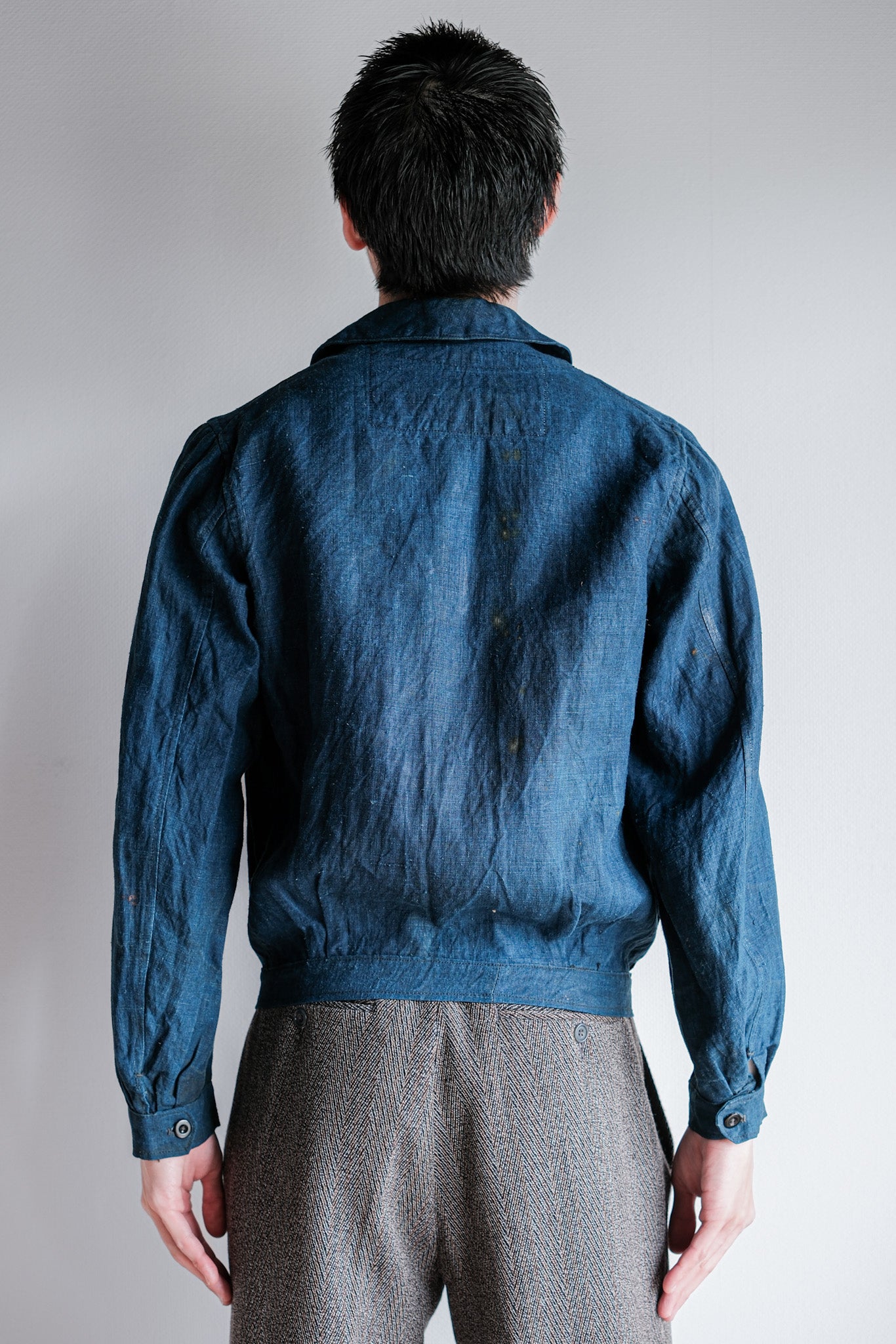 【~40's】French Navy Indigo Linen Shawl Collar Mechanic Jacket "Marine Nationale"