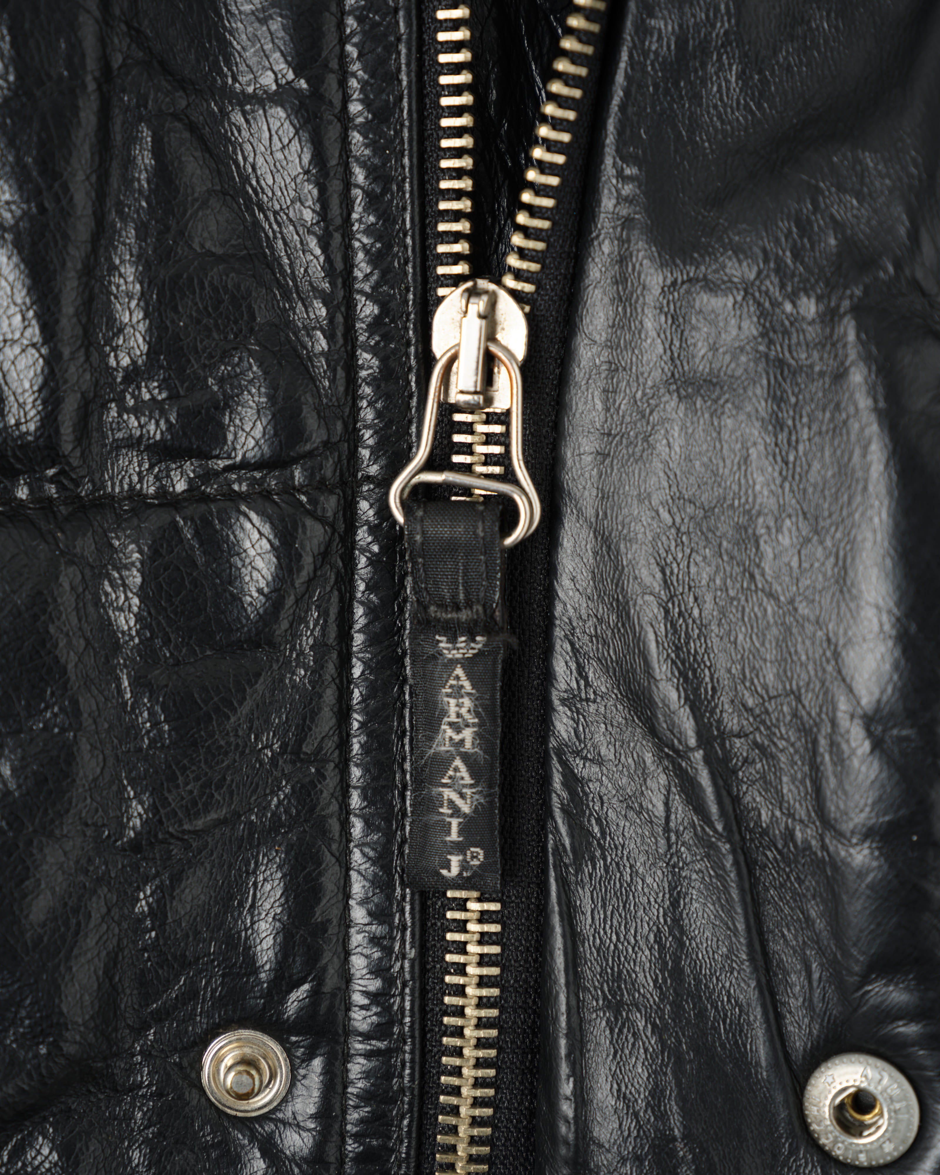 【~90’s】Old ARMANI JEANS Black Leather Puffer Jacket Size.52