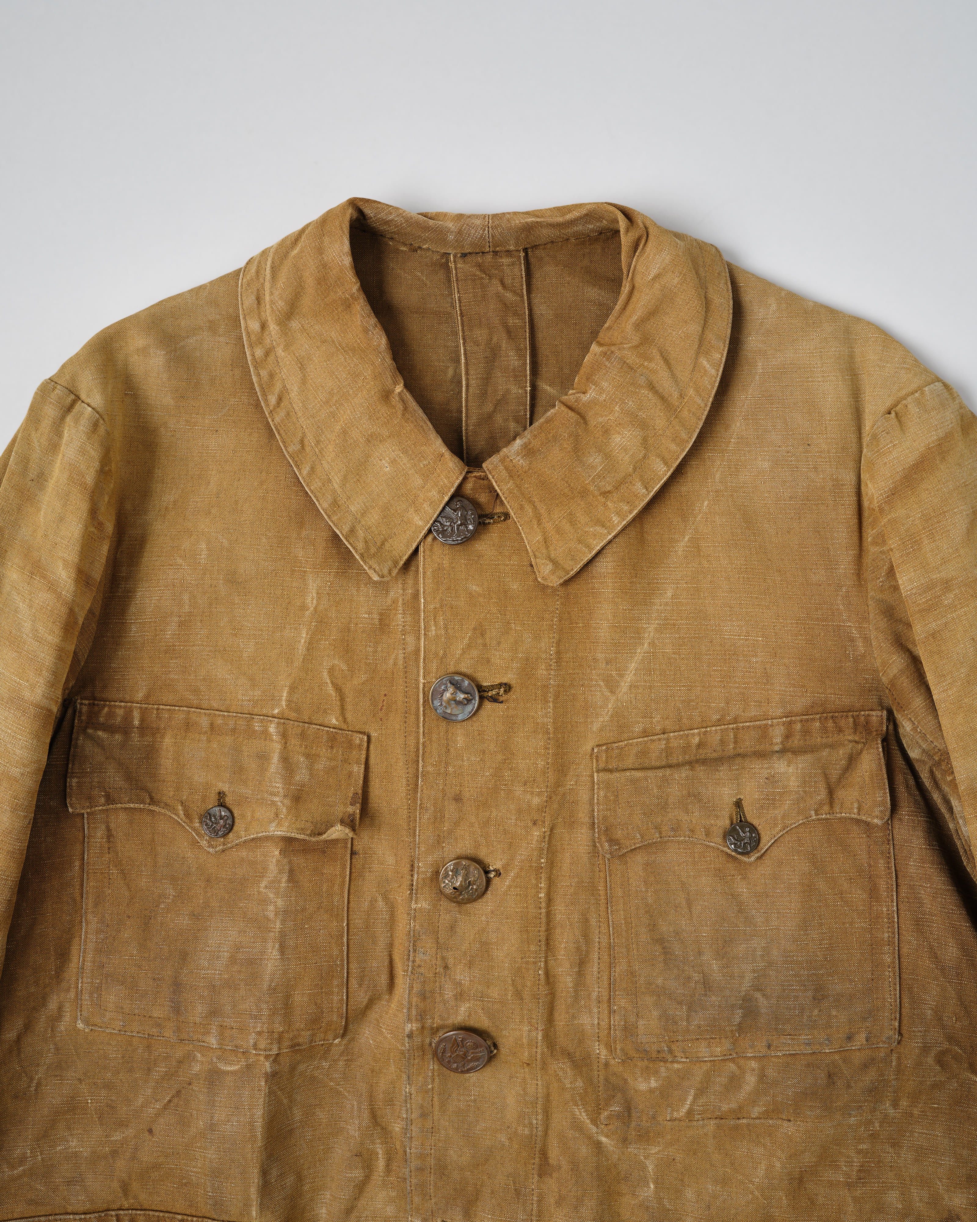 【~30’s】French Vintage Linen Canvas Hunting Jacket With Chin Strap