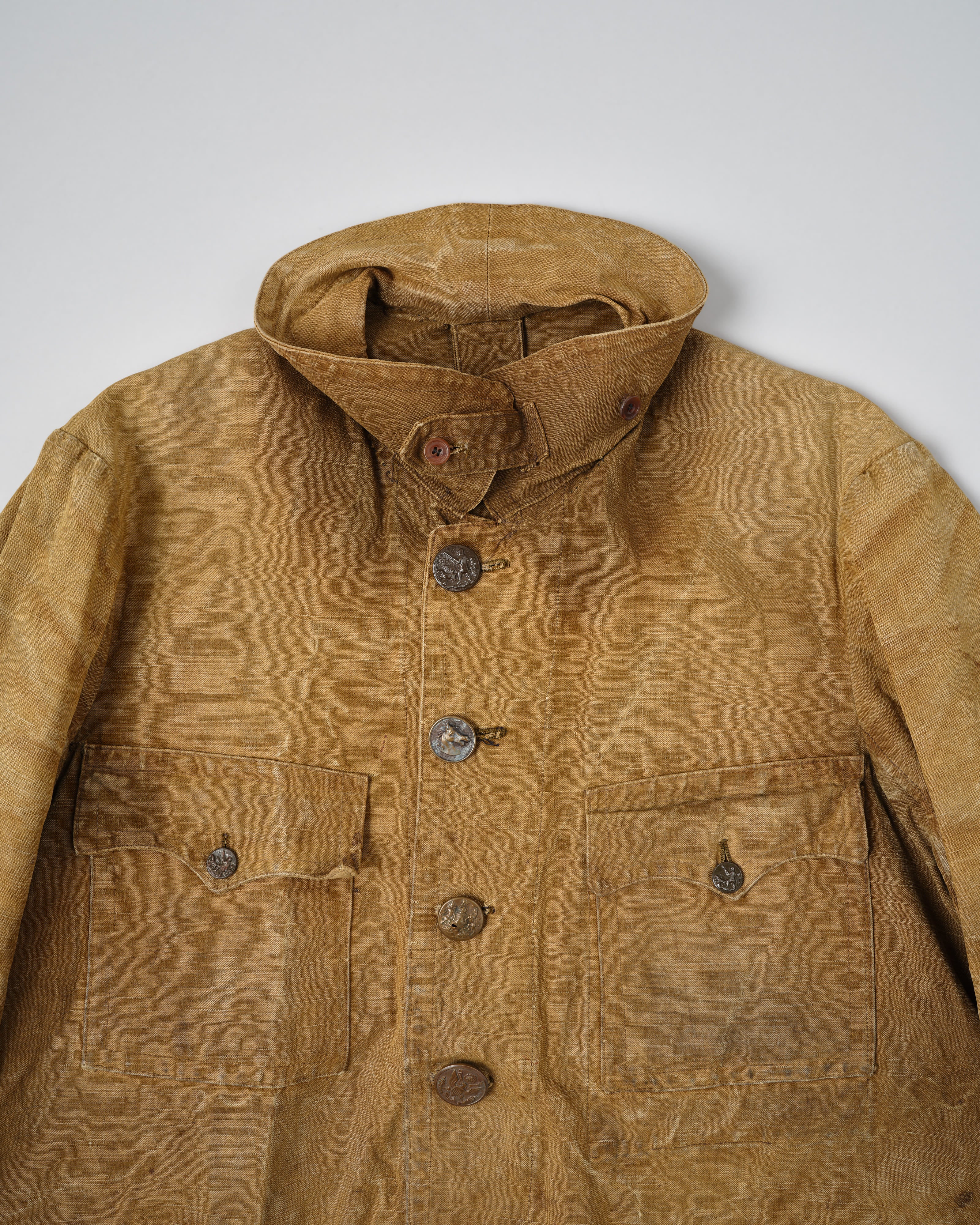 【~30’s】French Vintage Linen Canvas Hunting Jacket With Chin Strap