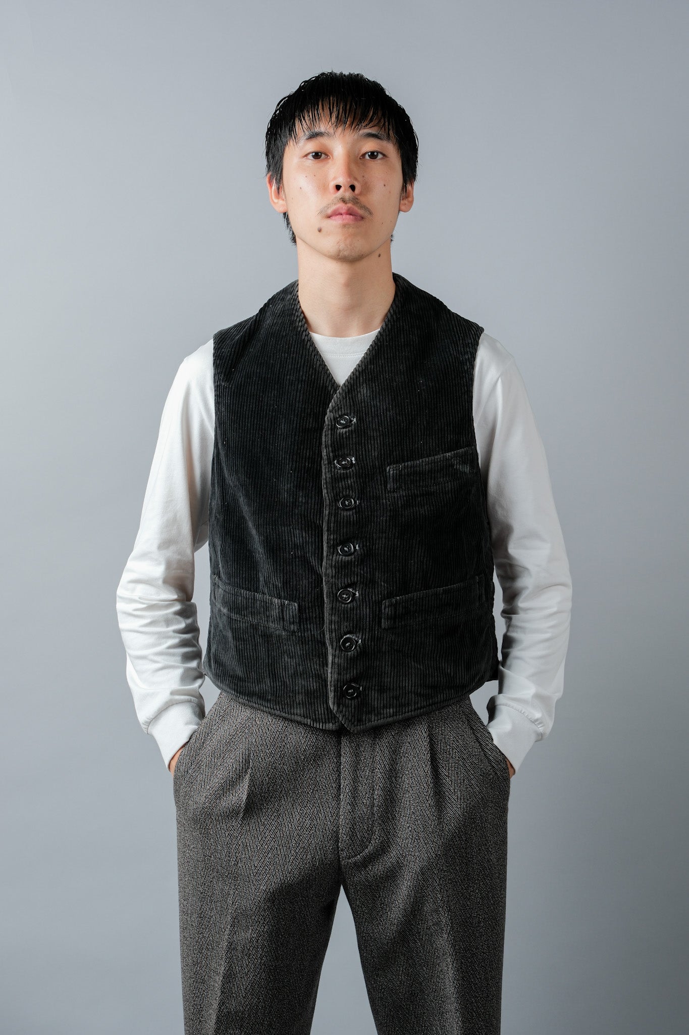 【~40's】French Vintage Black Corduroy Work Gilet "Adolphe Lafont"